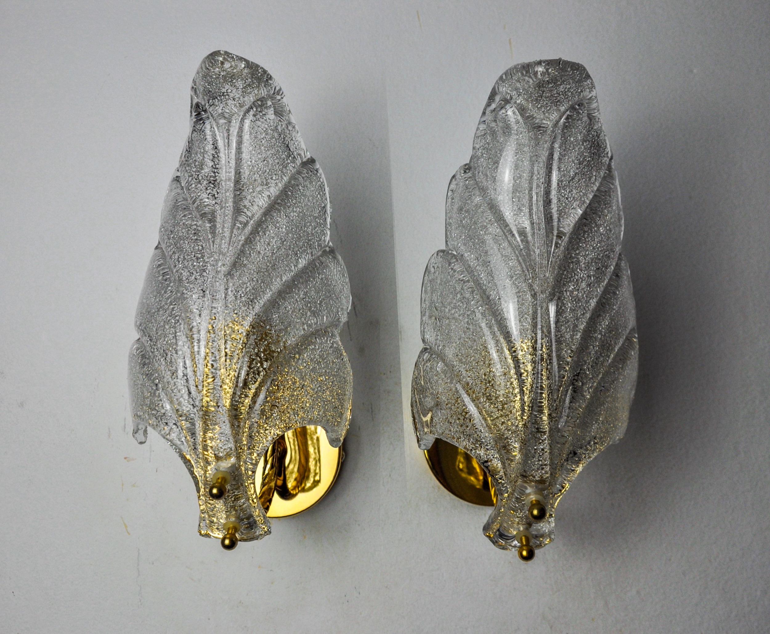 Paar mattierte Blattlampen, Murano-Glas, Italien, 1970