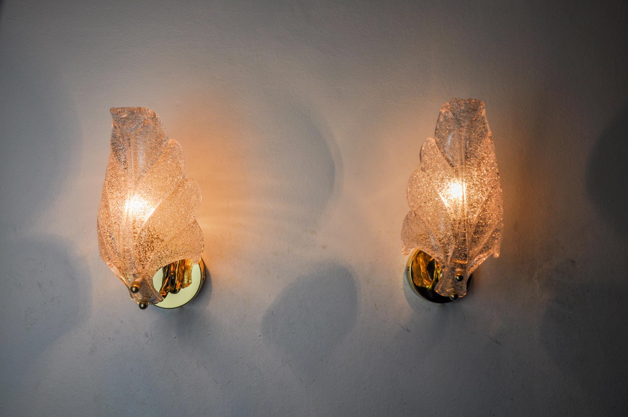 Pair of frosted leaf wall lights, Murano glass, Italy, 1970 In Good Condition For Sale In BARCELONA, ES