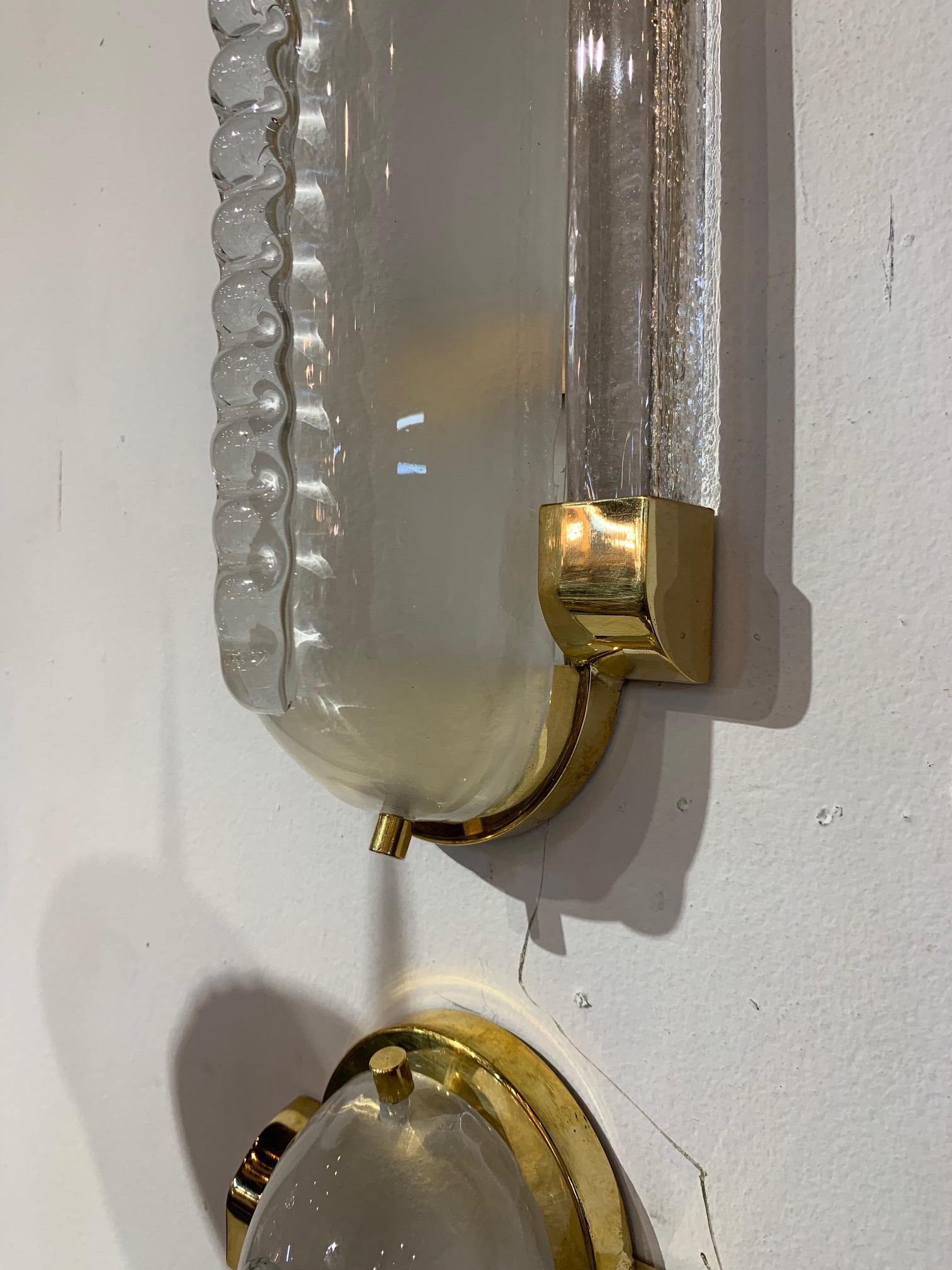 Pair of Frosted Murano Glass and Brass Modern Sconces In Good Condition For Sale In Dallas, TX