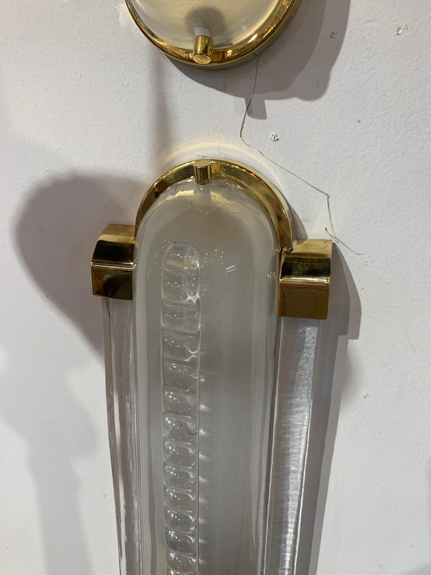 Contemporary Pair of Frosted Murano Glass and Brass Modern Sconces For Sale