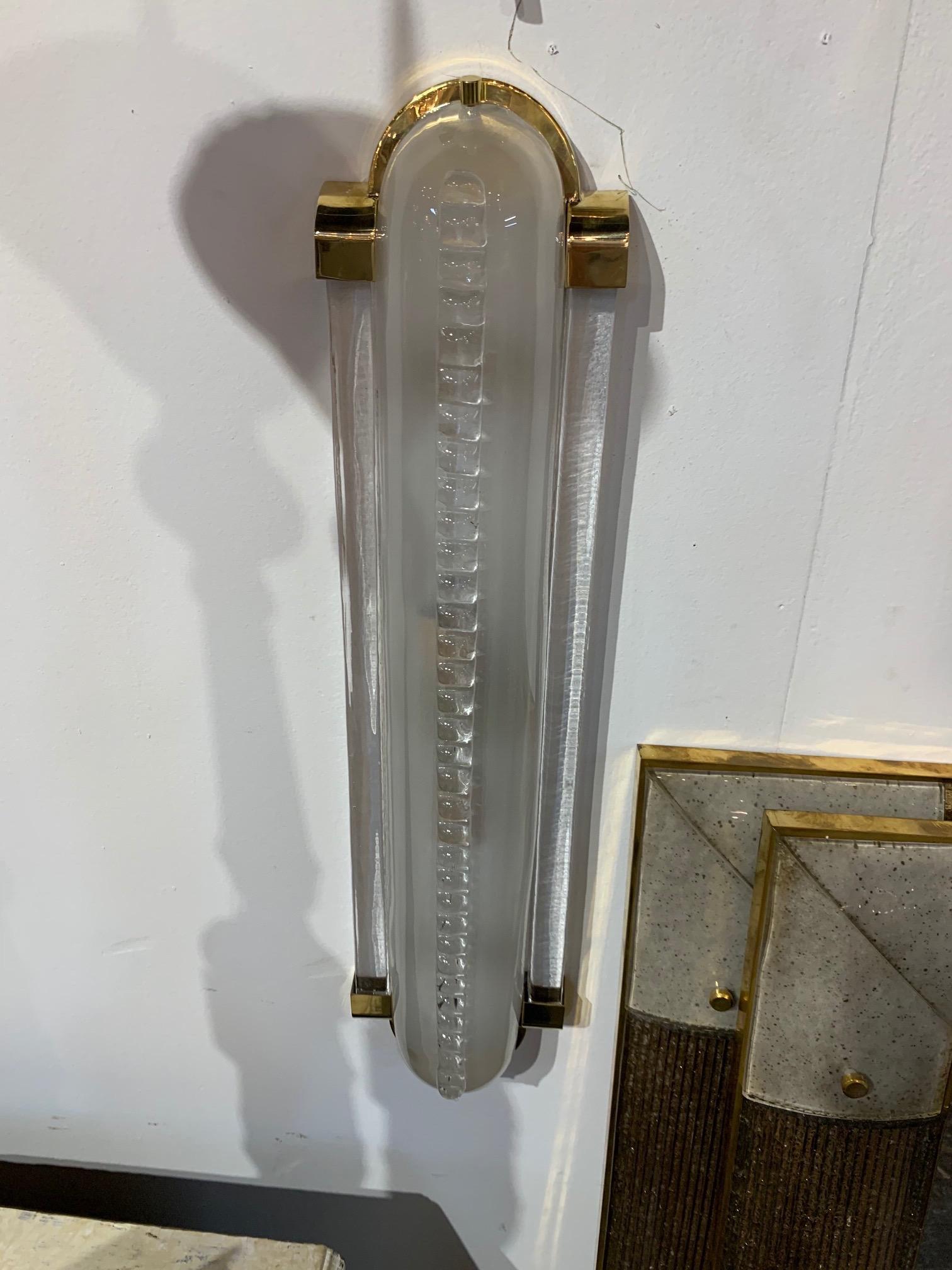 Pair of Frosted Murano Glass and Brass Modern Sconces For Sale 1