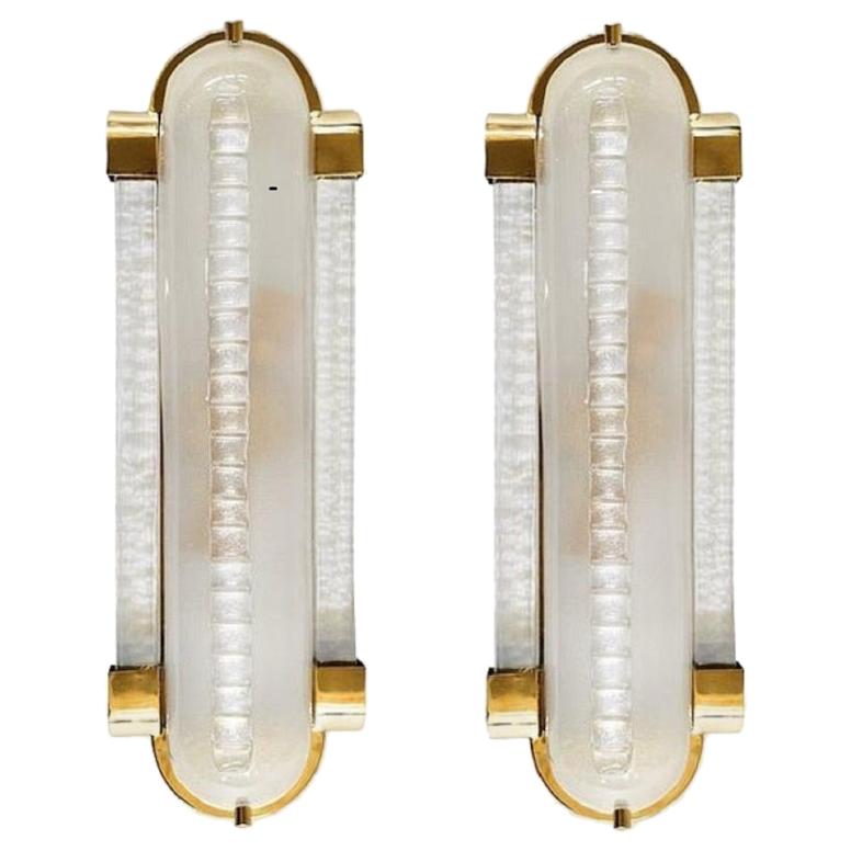 Pair of Frosted Murano Glass and Brass Modern Sconces For Sale