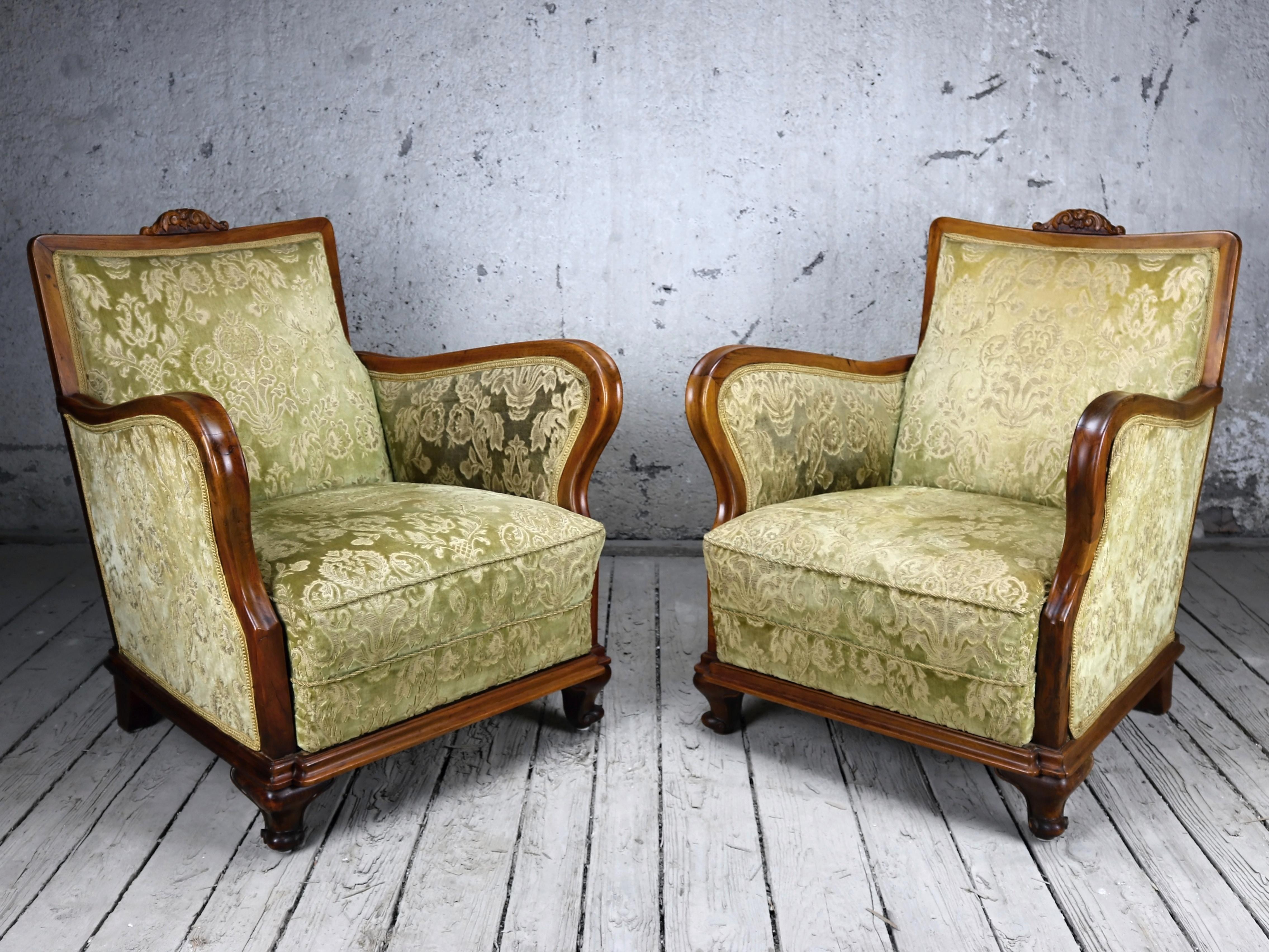 Pair of Austro - Hungarian fruitwood very comfortable armchairs with carved top. These armchairs are part of the seating set consisting of two armchairs, two chairs and sofa.
Chairs  - Item Ref: LU3759111399221