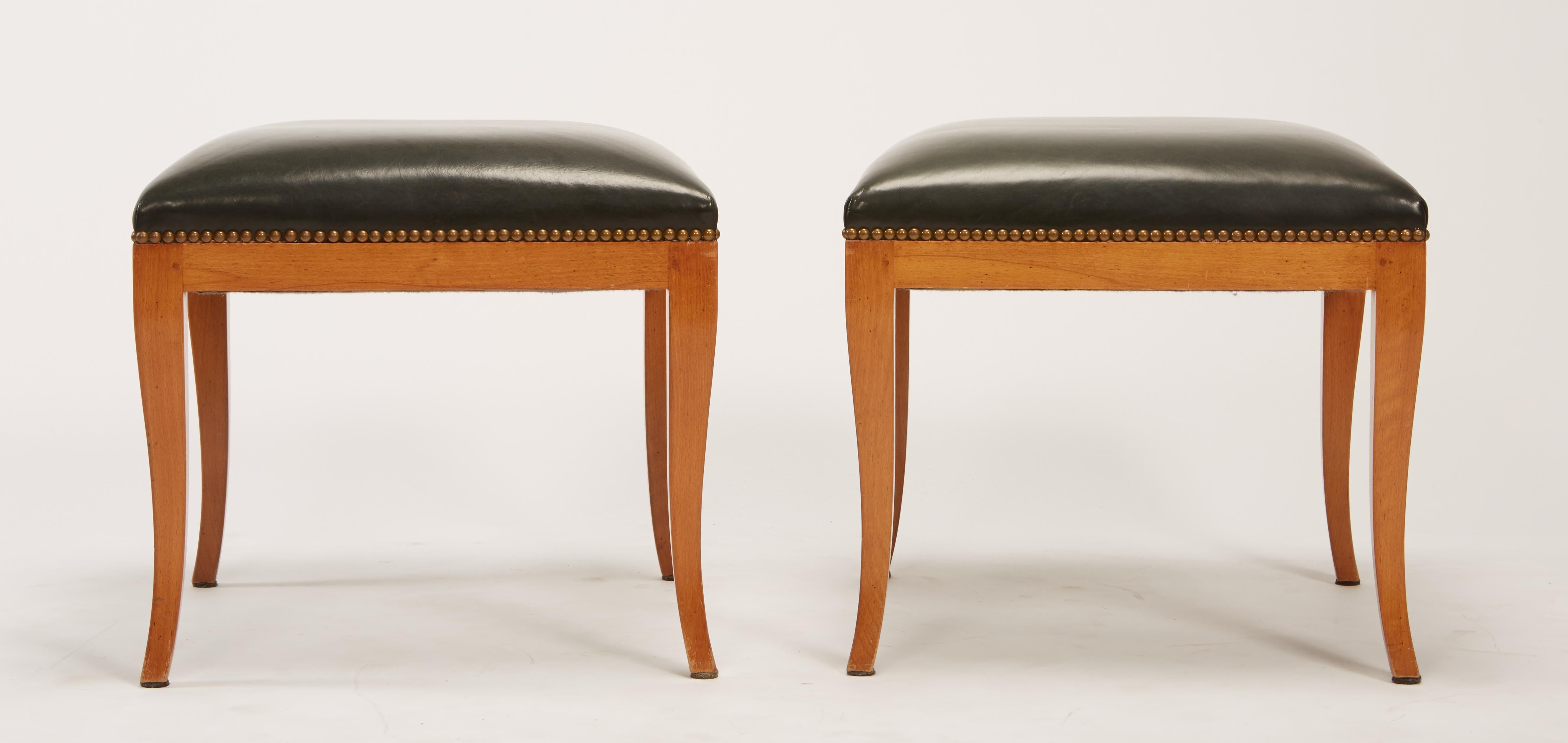 Pair of Fruitwood Biedermeier Style Ottomans with Leather and Brass Tacks In Good Condition In St. Louis, MO