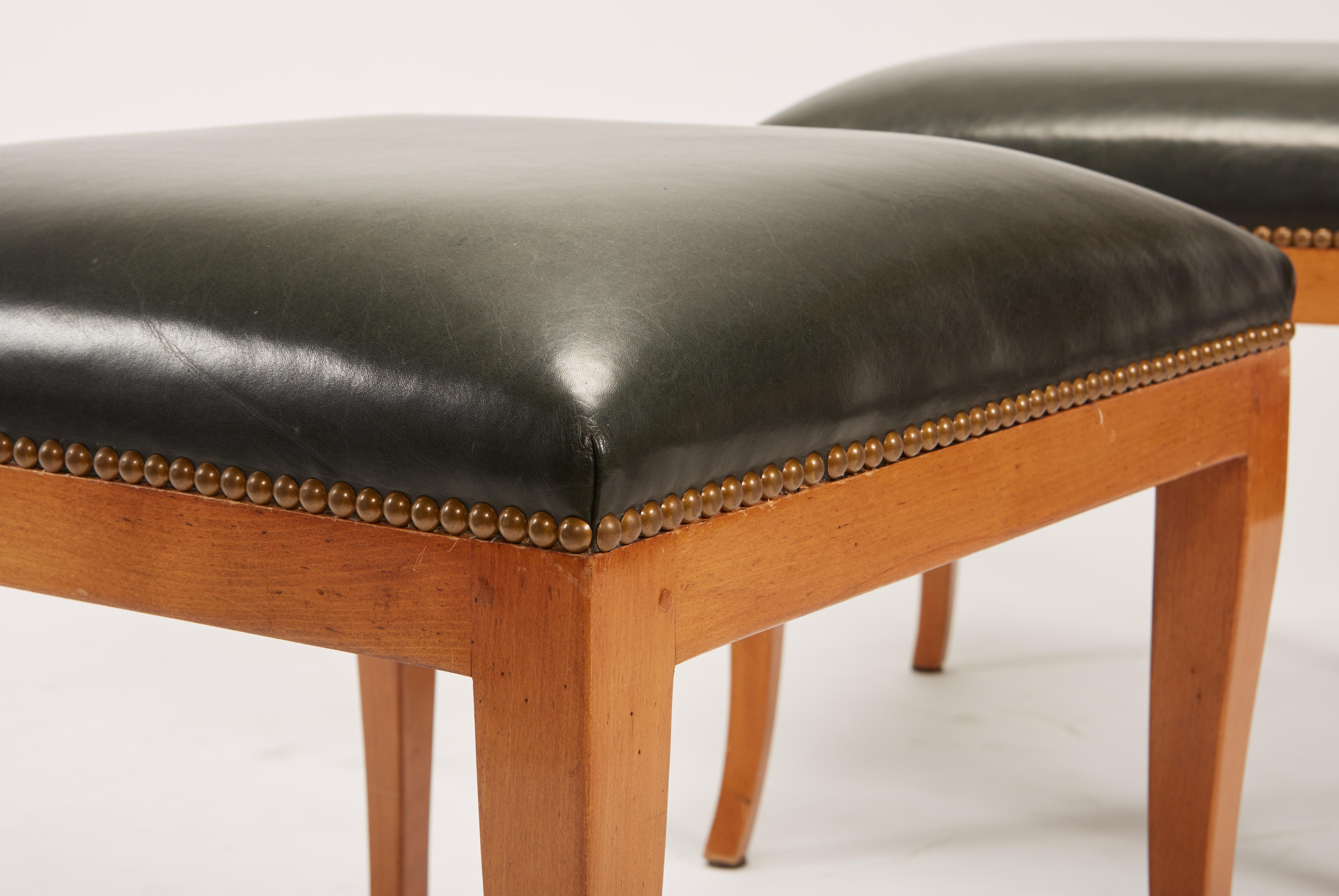 Pair of Fruitwood Biedermeier Style Ottomans with Leather and Brass Tacks 2