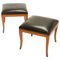 Pair of Fruitwood Biedermeier Style Ottomans with Leather and Brass Tacks