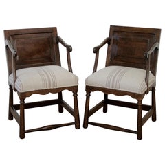 Vintage Pair of Fruitwood Carved and Upholstered Armchairs