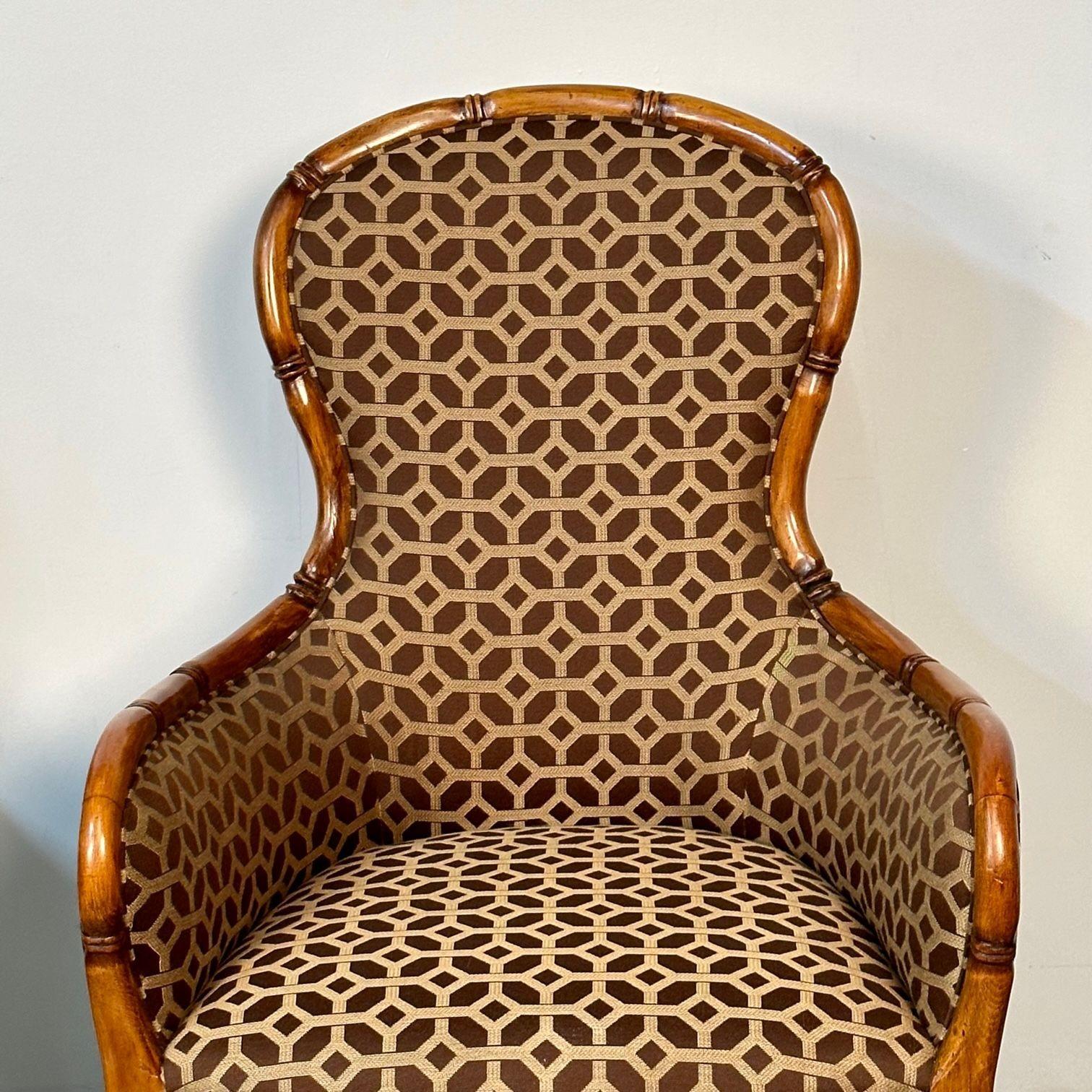 Pair of Fruitwood French Bamboo Carved Arm / Club / Accent Chairs, Kravet Fabric For Sale 11