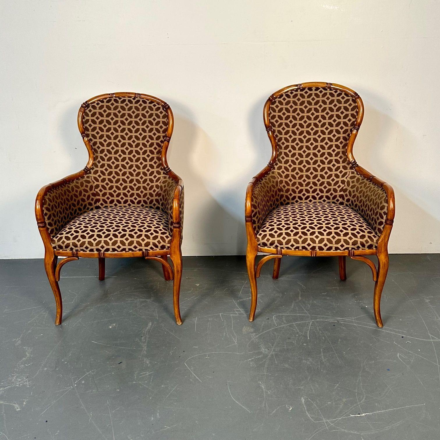 Louis XVI Pair of Fruitwood French Bamboo Carved Arm / Club / Accent Chairs, Kravet Fabric For Sale