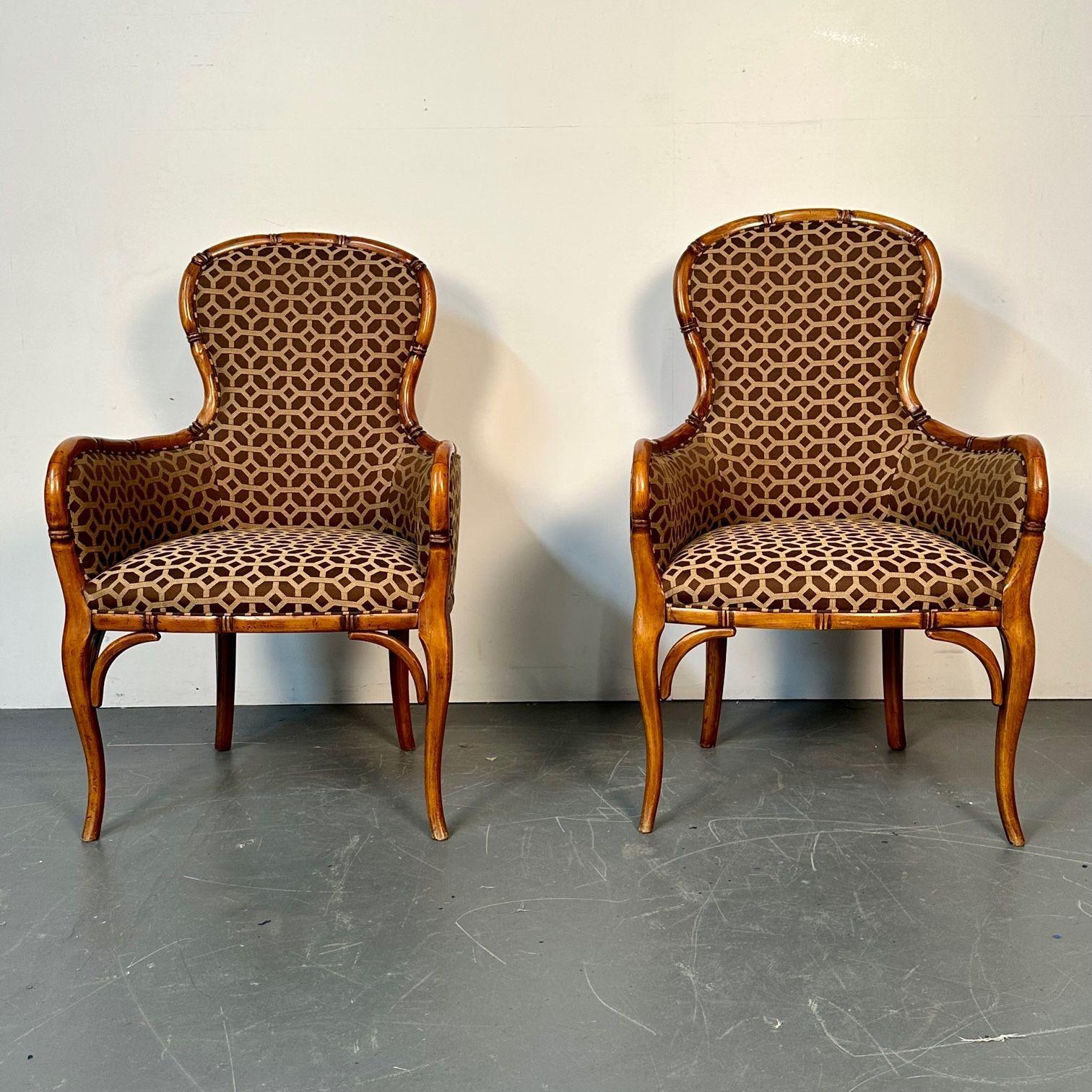 Mid-20th Century Pair of Fruitwood French Bamboo Carved Arm / Club / Accent Chairs, Kravet Fabric For Sale