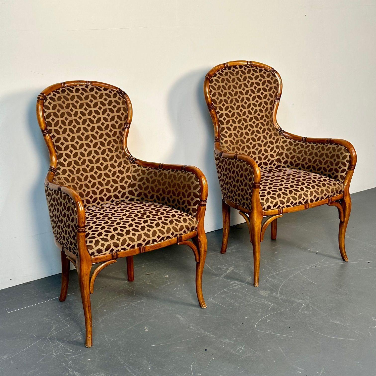 Mid-20th Century Pair of Fruitwood French Bamboo Carved Arm / Club / Accent Chairs, Kravet Fabric For Sale