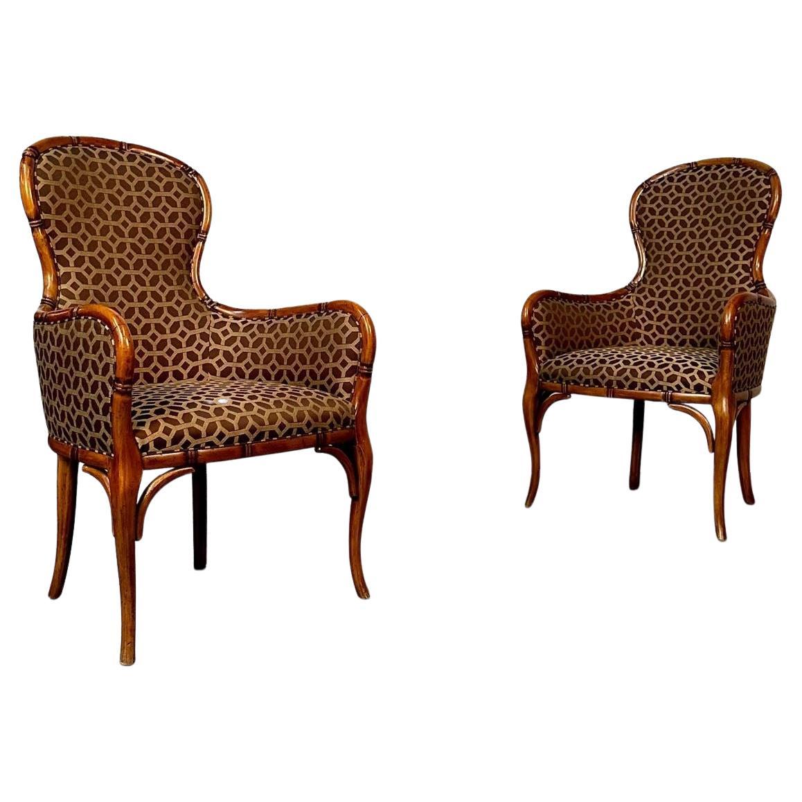 Pair of Fruitwood French Bamboo Carved Arm / Club / Accent Chairs, Kravet Fabric For Sale
