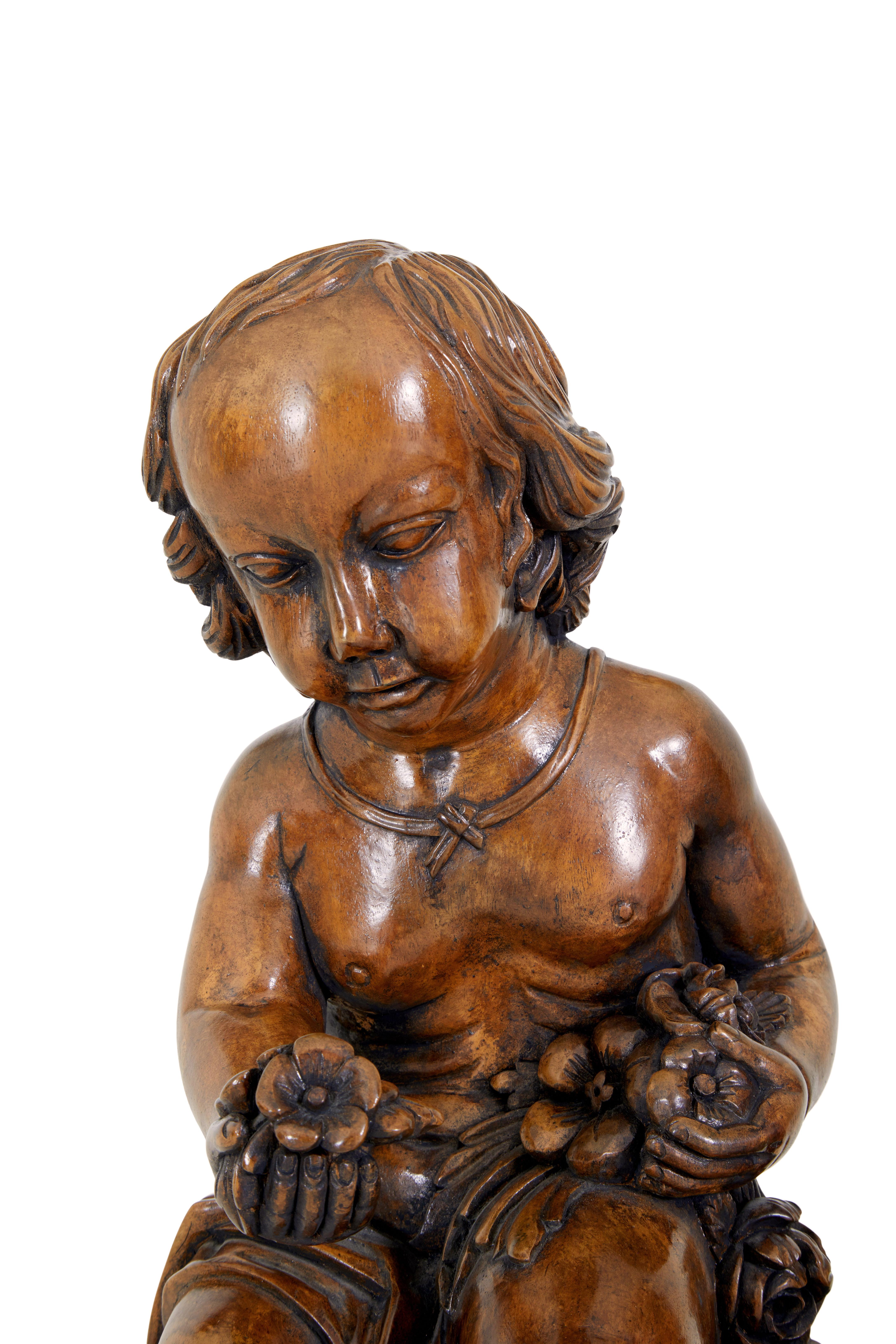 English Pair of fruitwood gothic revival carved cherubs For Sale