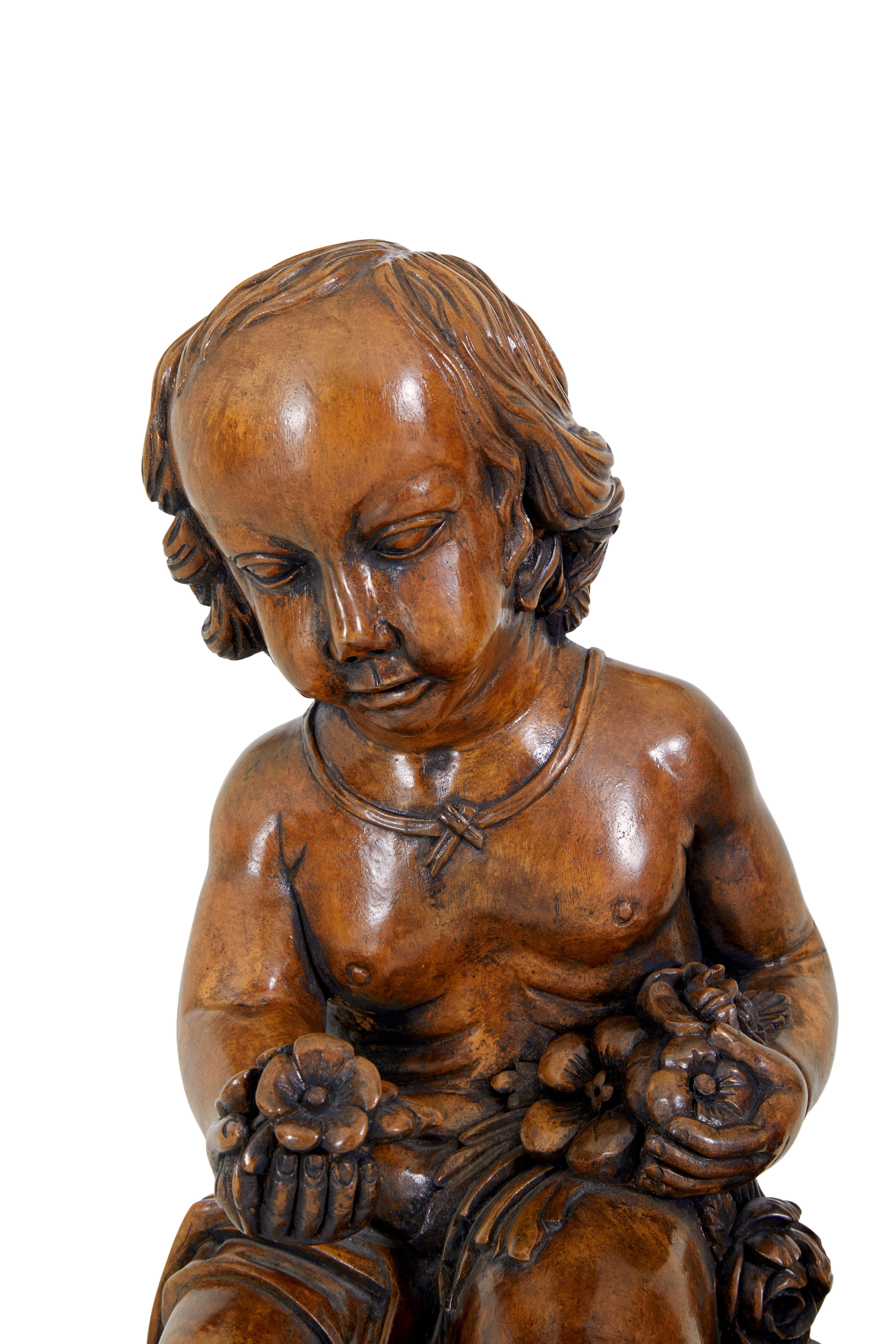 English Pair of fruitwood gothic revival carved cherubs For Sale