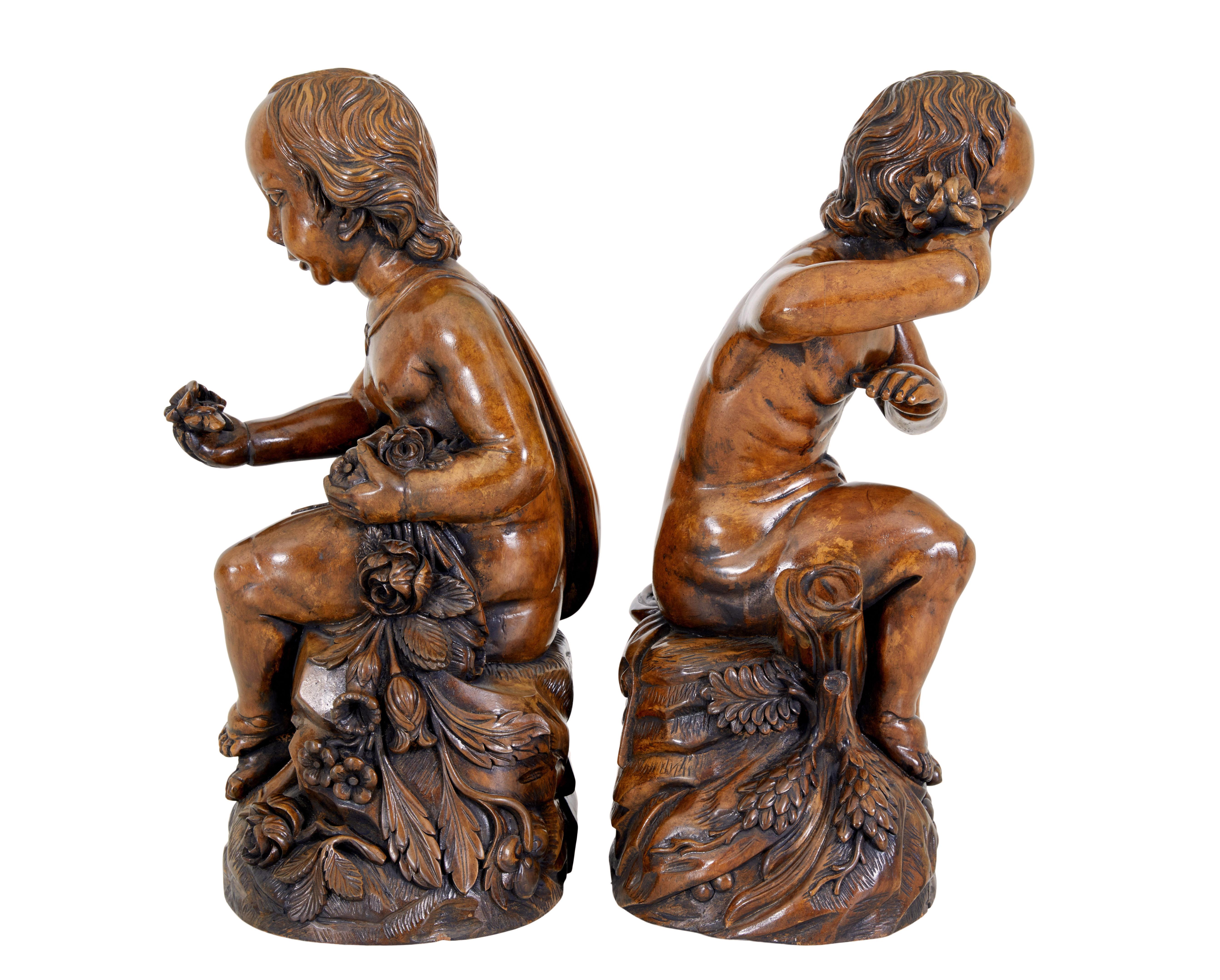 Pair of fruitwood gothic revival carved cherubs In Good Condition For Sale In Debenham, Suffolk