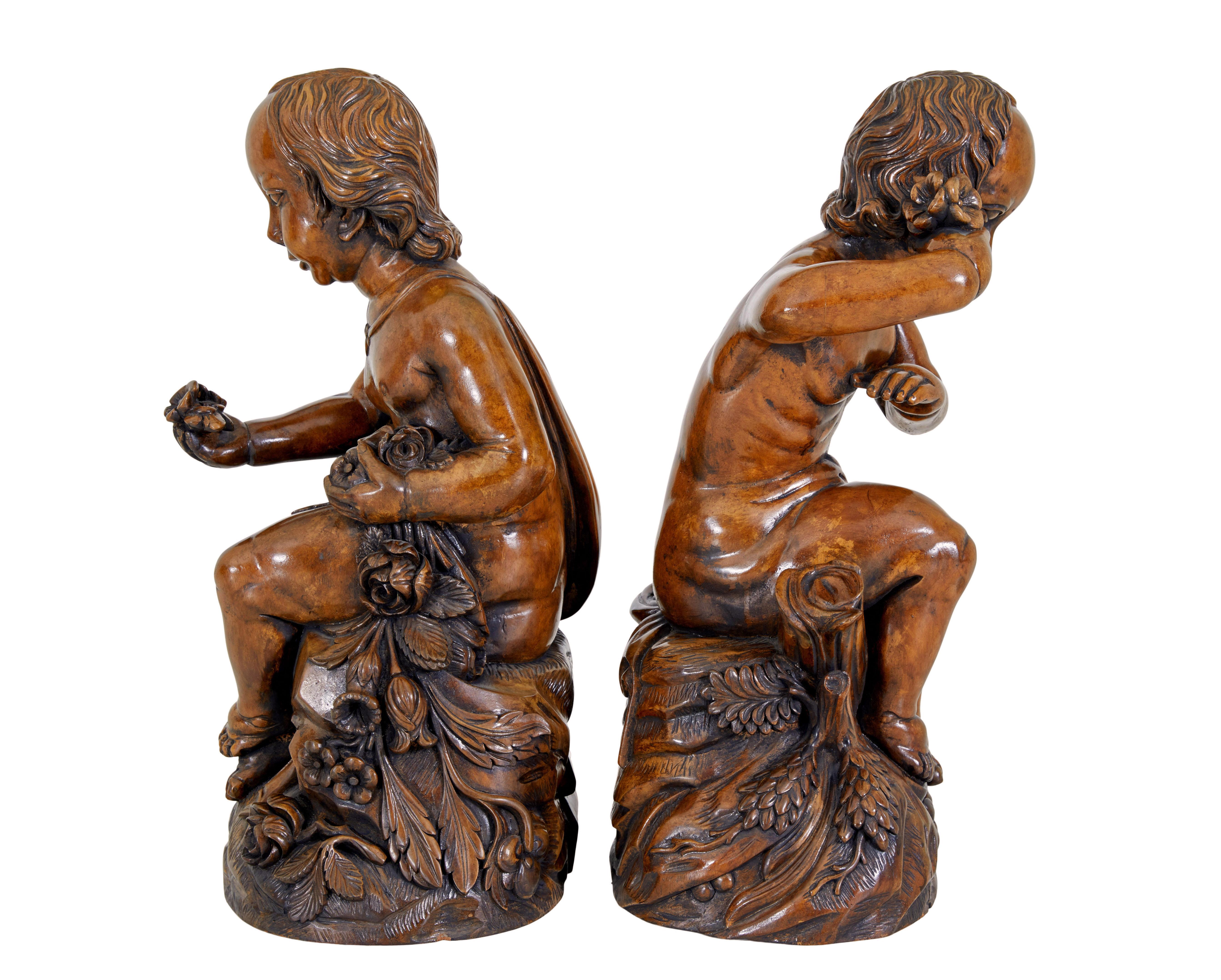 Pair of fruitwood gothic revival carved cherubs In Good Condition For Sale In Debenham, Suffolk
