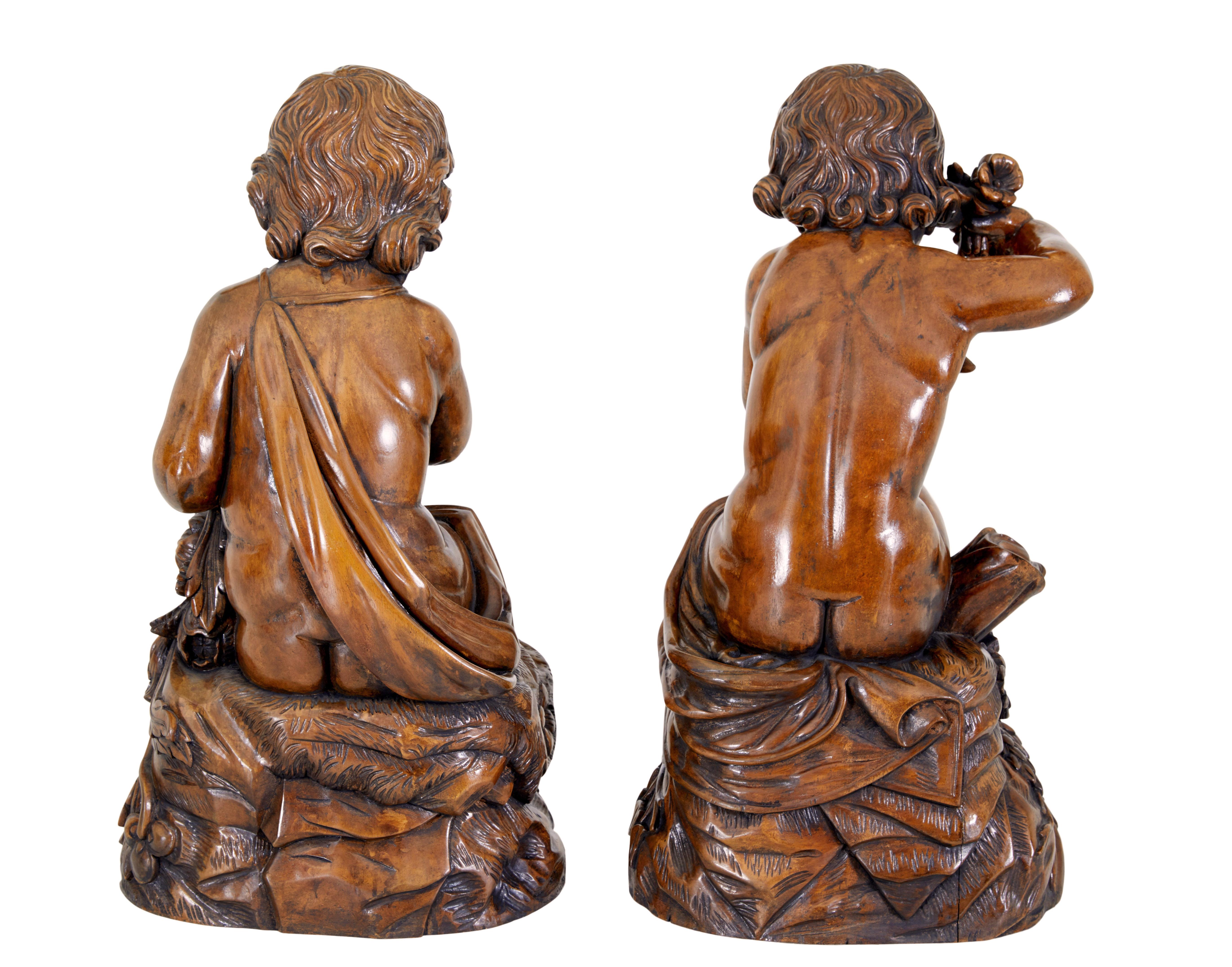 20th Century Pair of fruitwood gothic revival carved cherubs For Sale
