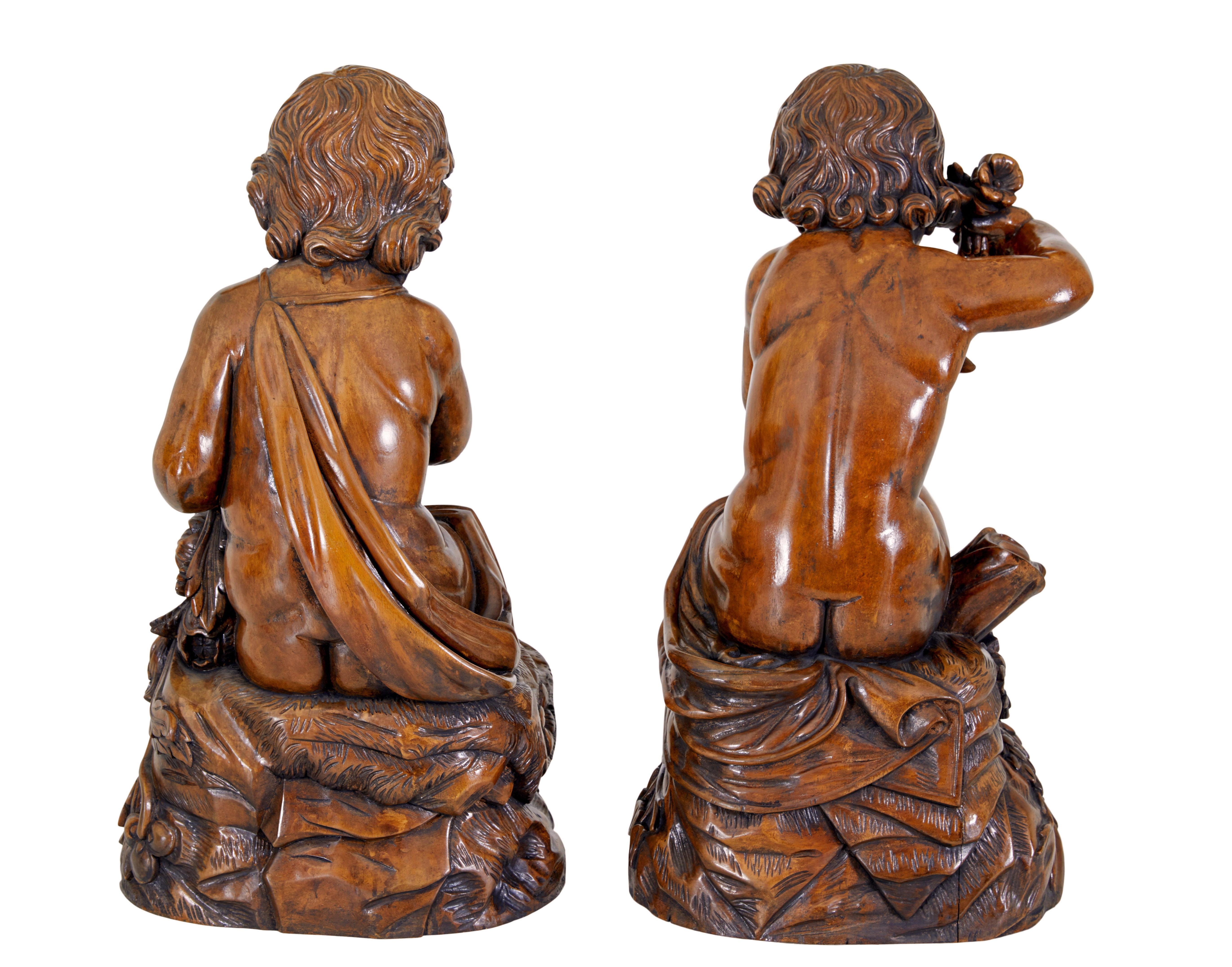 20th Century Pair of fruitwood gothic revival carved cherubs For Sale