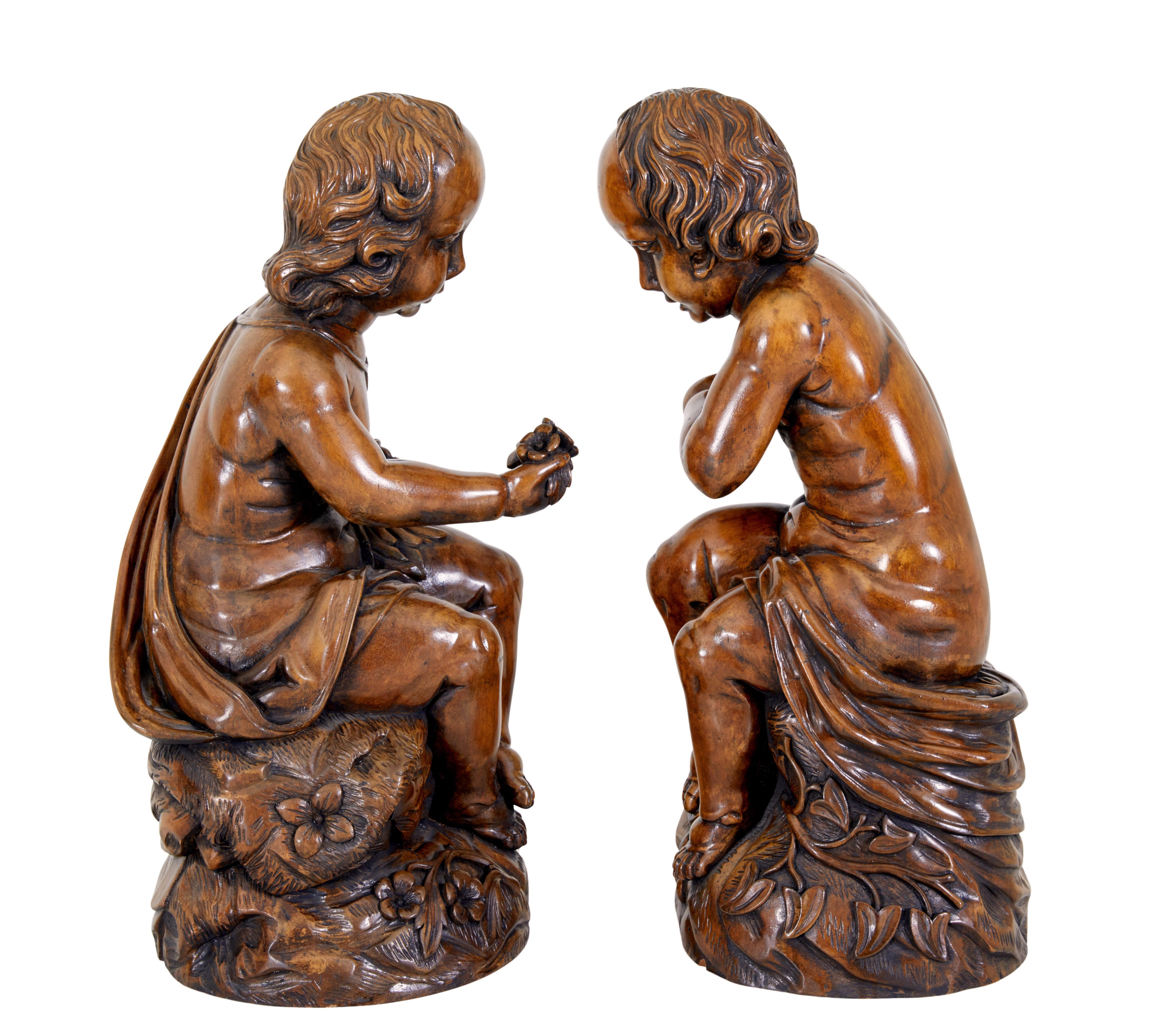 Fruitwood Pair of fruitwood gothic revival carved cherubs For Sale