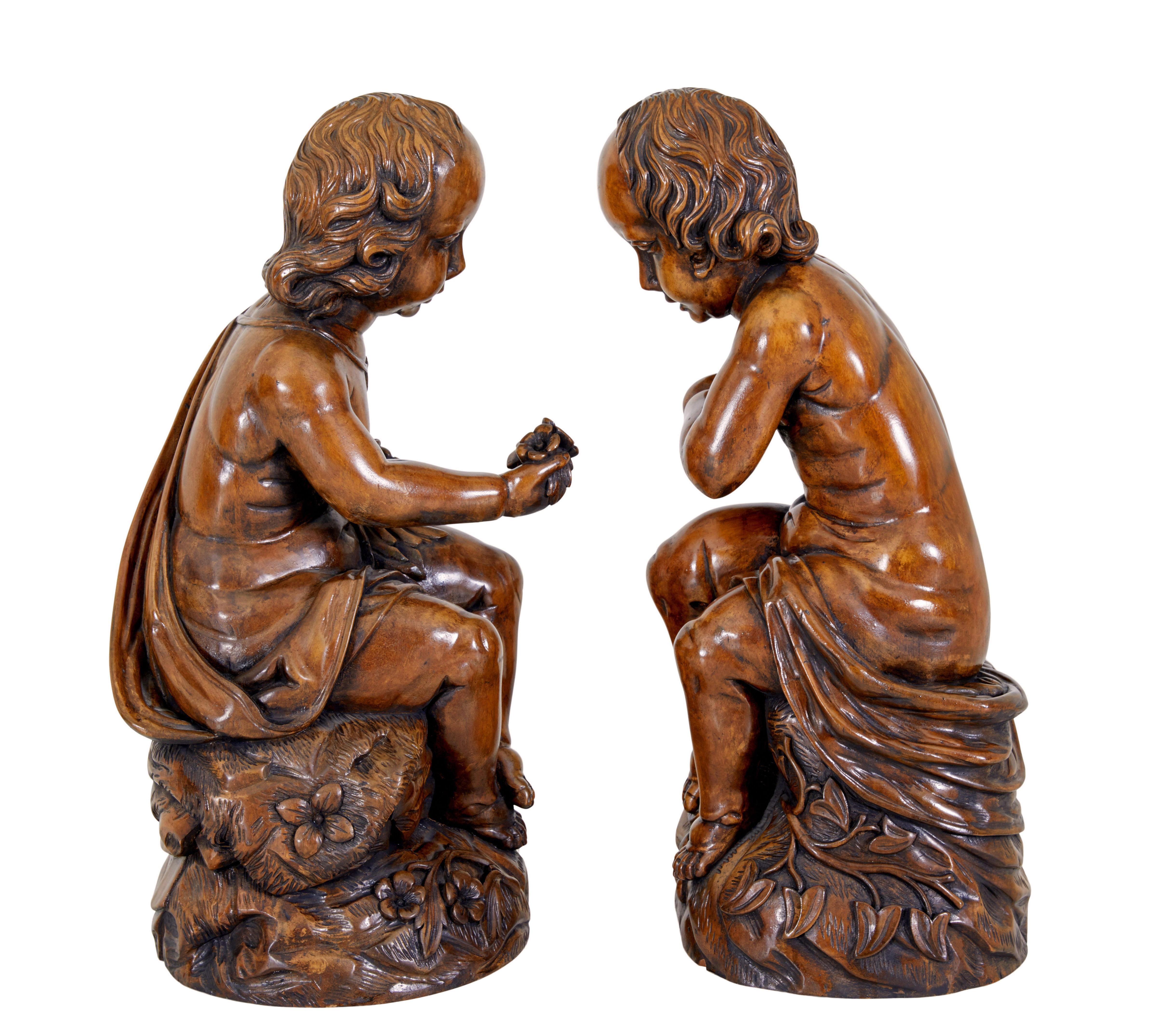 Fruitwood Pair of fruitwood gothic revival carved cherubs For Sale
