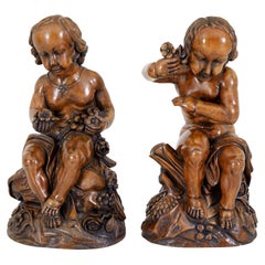 Vintage Pair of fruitwood gothic revival carved cherubs