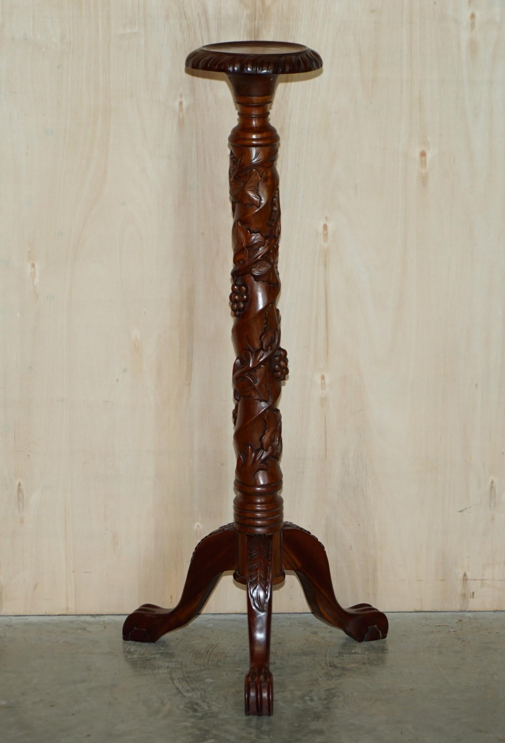 Country Pair of Fruitwood Vine Hand Carved Jardiniere Display Stands Claw & Ball Feet For Sale