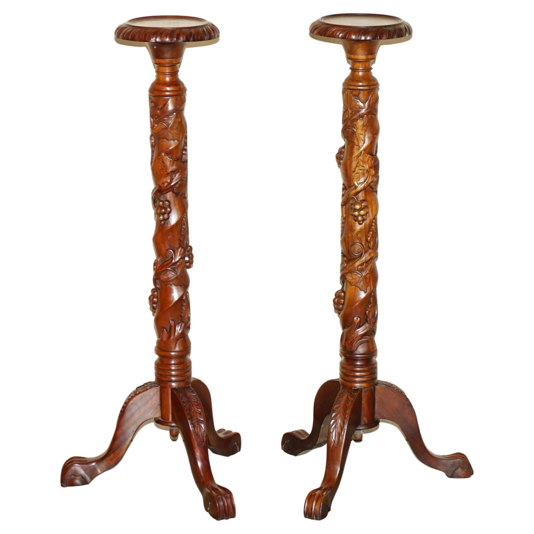 Pair of Fruitwood Vine Hand Carved Jardiniere Display Stands Claw & Ball Feet For Sale