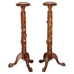 Pair of Fruitwood Vine Hand Carved Jardiniere Display Stands Claw & Ball Feet