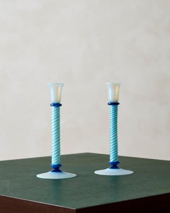 Pair of Fry Foval Opalescent Art Glass Candlesticks