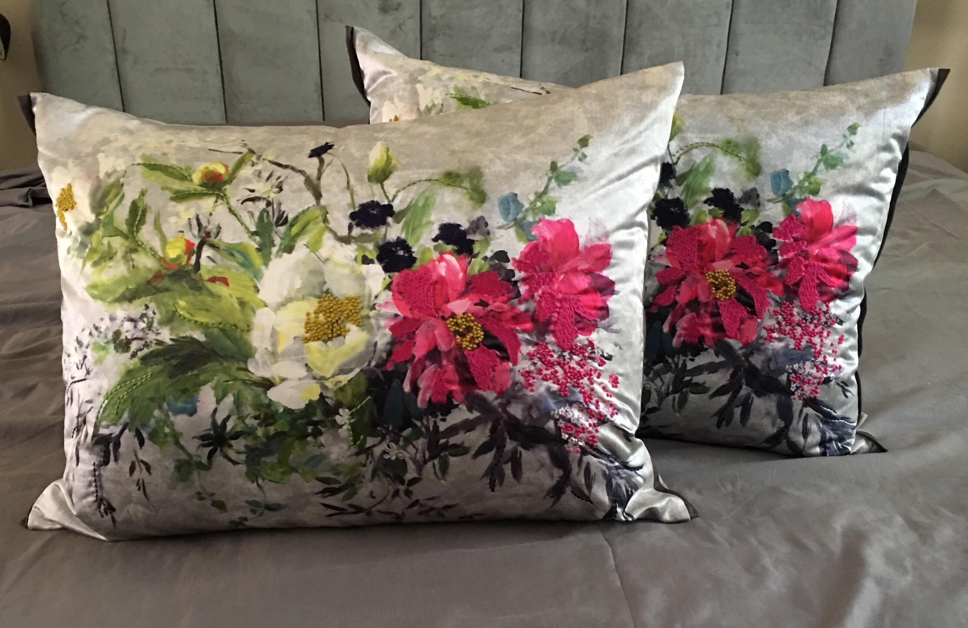 Pair of Fuchsia on Silver Embroidered Sateen Floral Throw Pillows 1