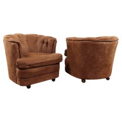 Pair of Full Grain Suede Leather Rolling Club Chairs
