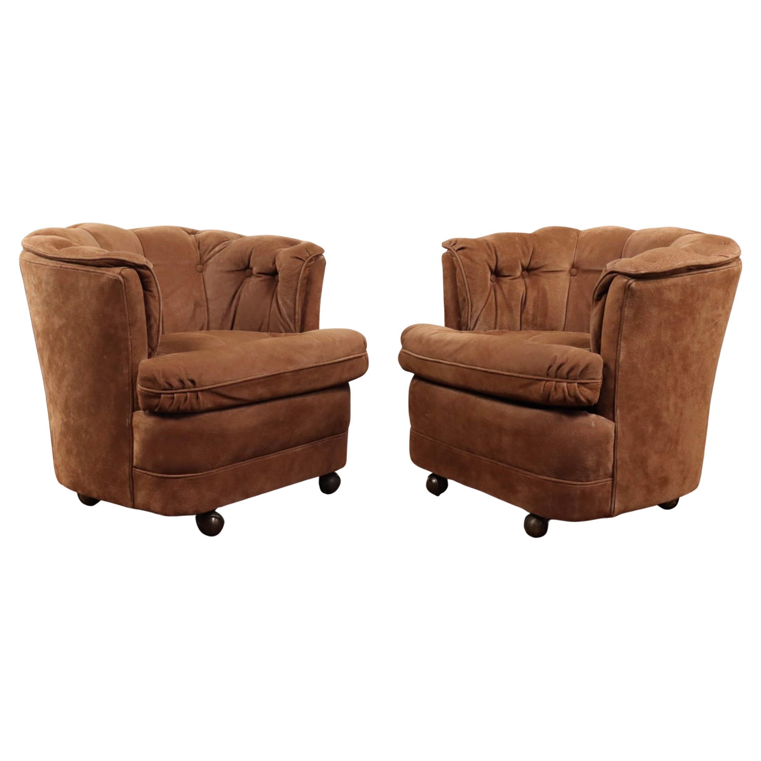 Pair of Full Grain Suede Leather Rolling Club Chairs