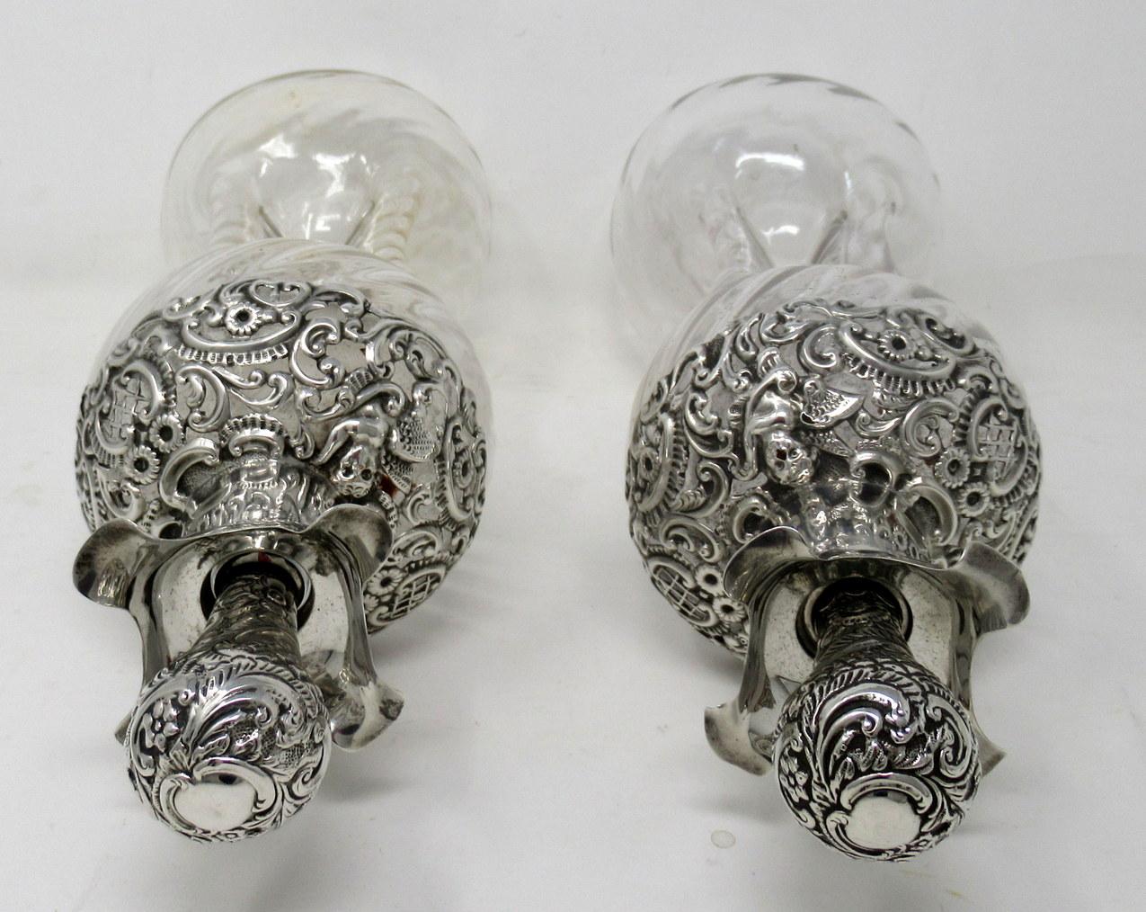 Pair of Full Lead Crystal Hallmark Sterling Silver Spirits Wine Decanters, 1899 3
