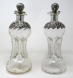 Pair of Full Lead Crystal Hallmark Sterling Silver Spirits Wine Decanters, 1899