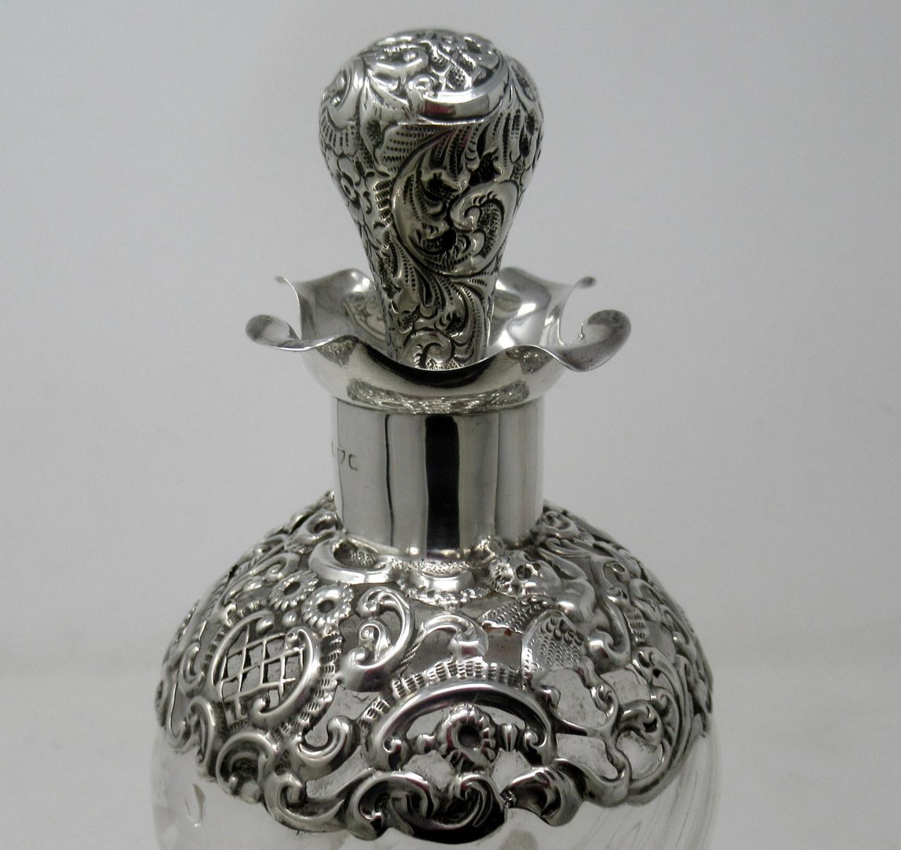 English Pair of Full Lead Crystal Hallmark Sterling Silver Spirits Wine Decanters, 1899