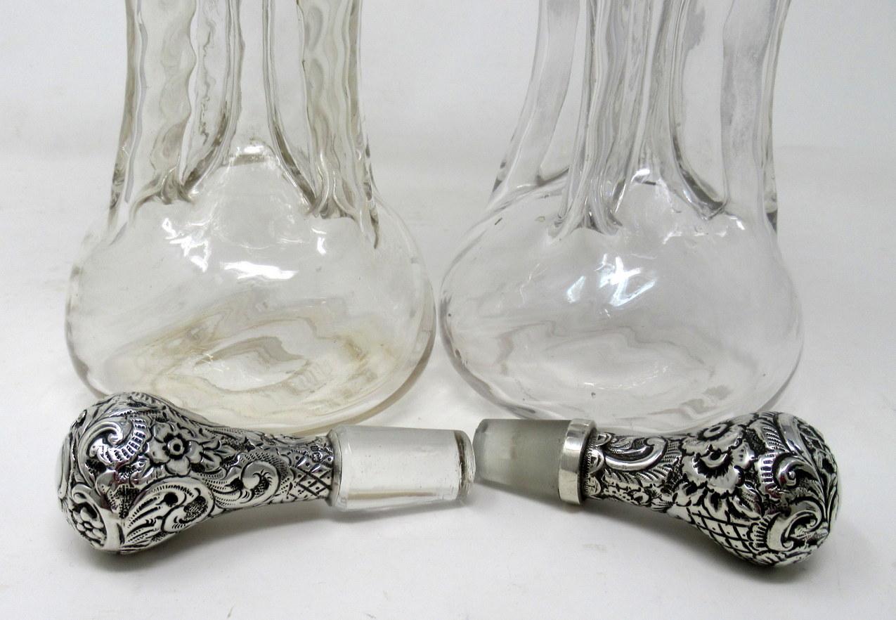 Pair of Full Lead Crystal Hallmark Sterling Silver Spirits Wine Decanters, 1899 1