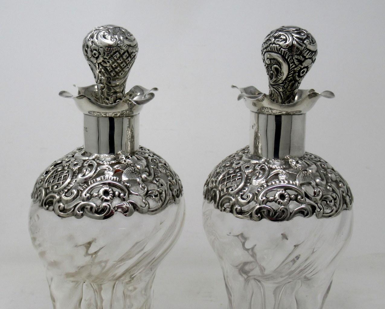 Pair of Full Lead Crystal Hallmark Sterling Silver Spirits Wine Decanters, 1899 2