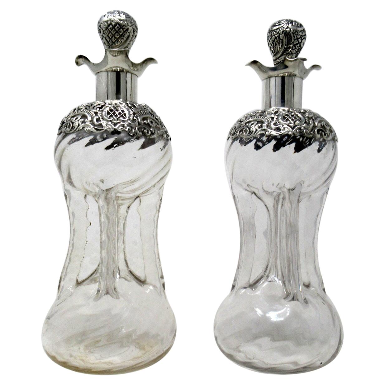 Pair of Full Lead Crystal Hallmark Sterling Silver Spirits Wine Decanters, 1899