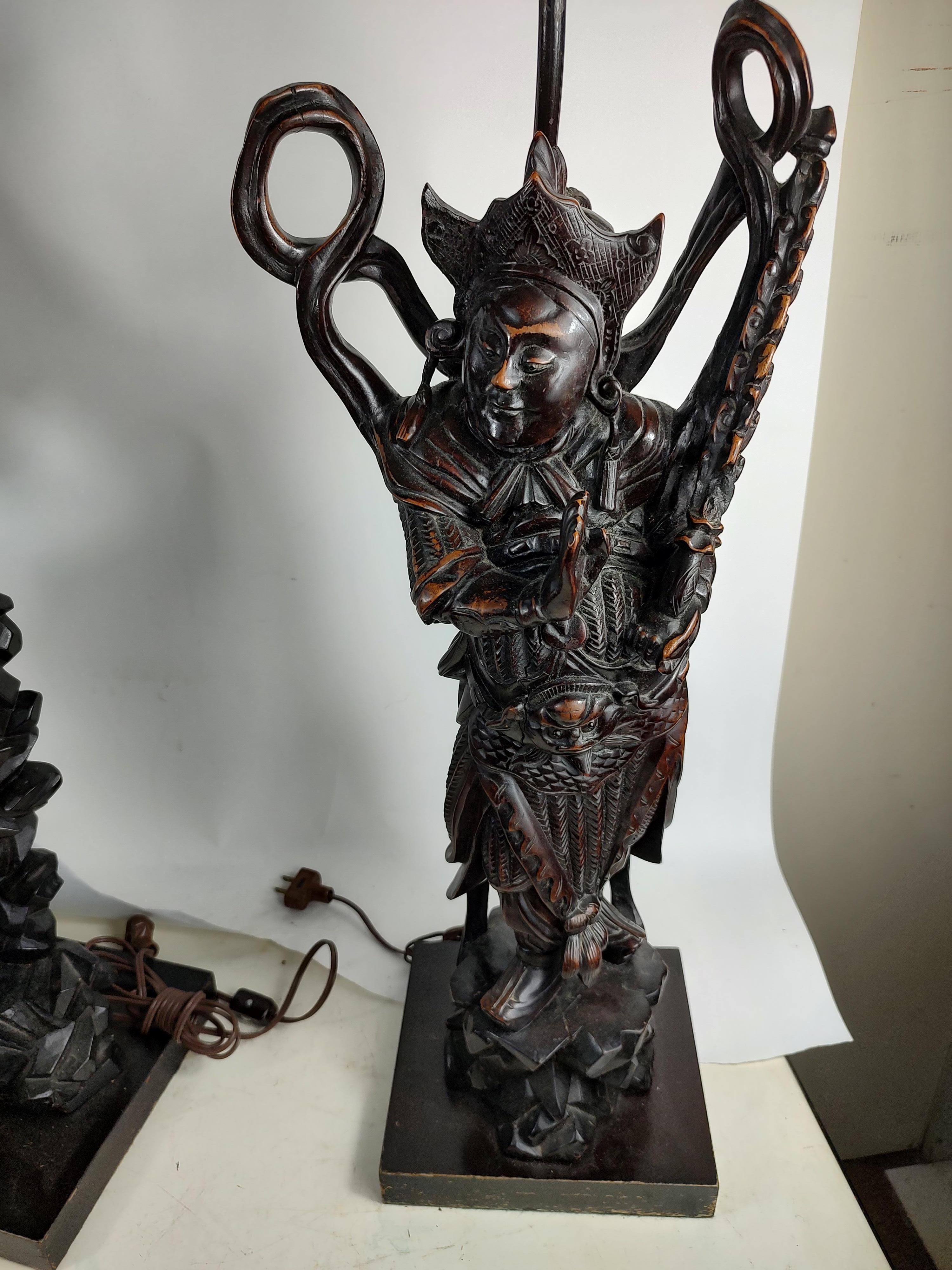Pair of Fully & Highly Carved Chinese Deity Figural Table Lamps For Sale 1