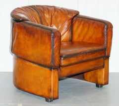 Pair of Fully Resorted Hand Dyed Whisky Brown Leather Club Tub Armchairs Shell