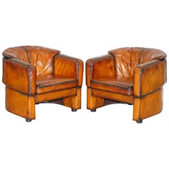 Vintage Pair of Fully Resorted Hand Dyed Whisky Brown Leather Club Tub Armchairs Shell