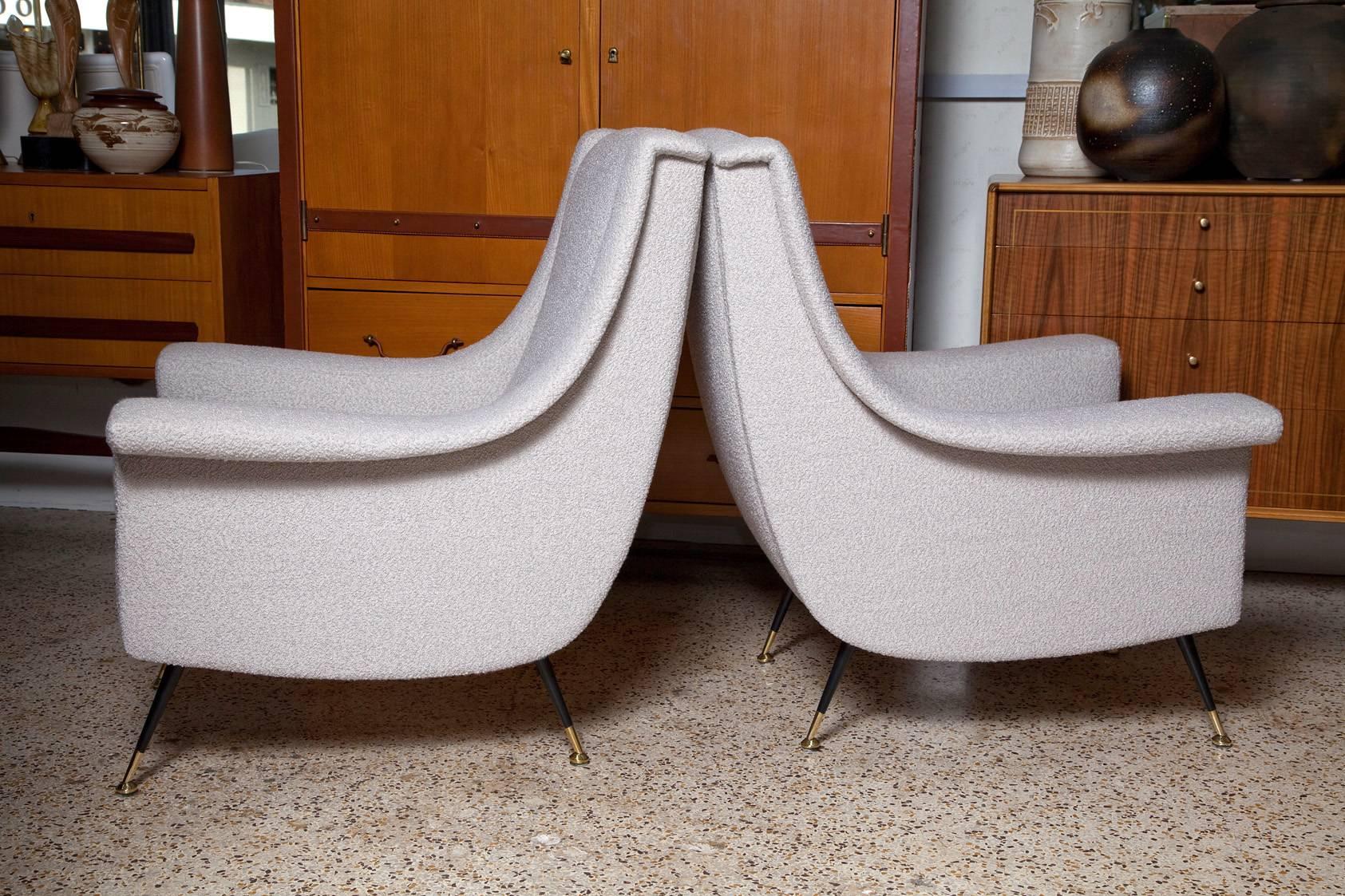 Mid-Century Modern Pair of Fully Restored 1950s Italian Lounge Chairs in Luxe Alpaca Blend Boucle