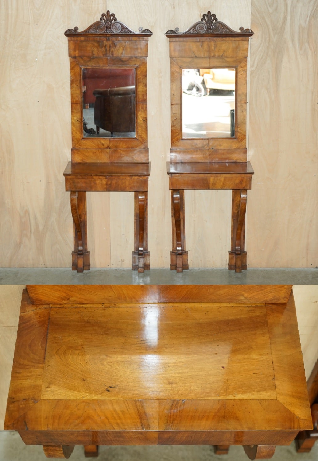 Royal House Antiques

Royal House Antiques is delighted to offer for sale this exquisite suite of fully restored Regency circa 1810-1820 Console tables with matching pier mirrors 

Please note the delivery fee listed is just a guide, it covers