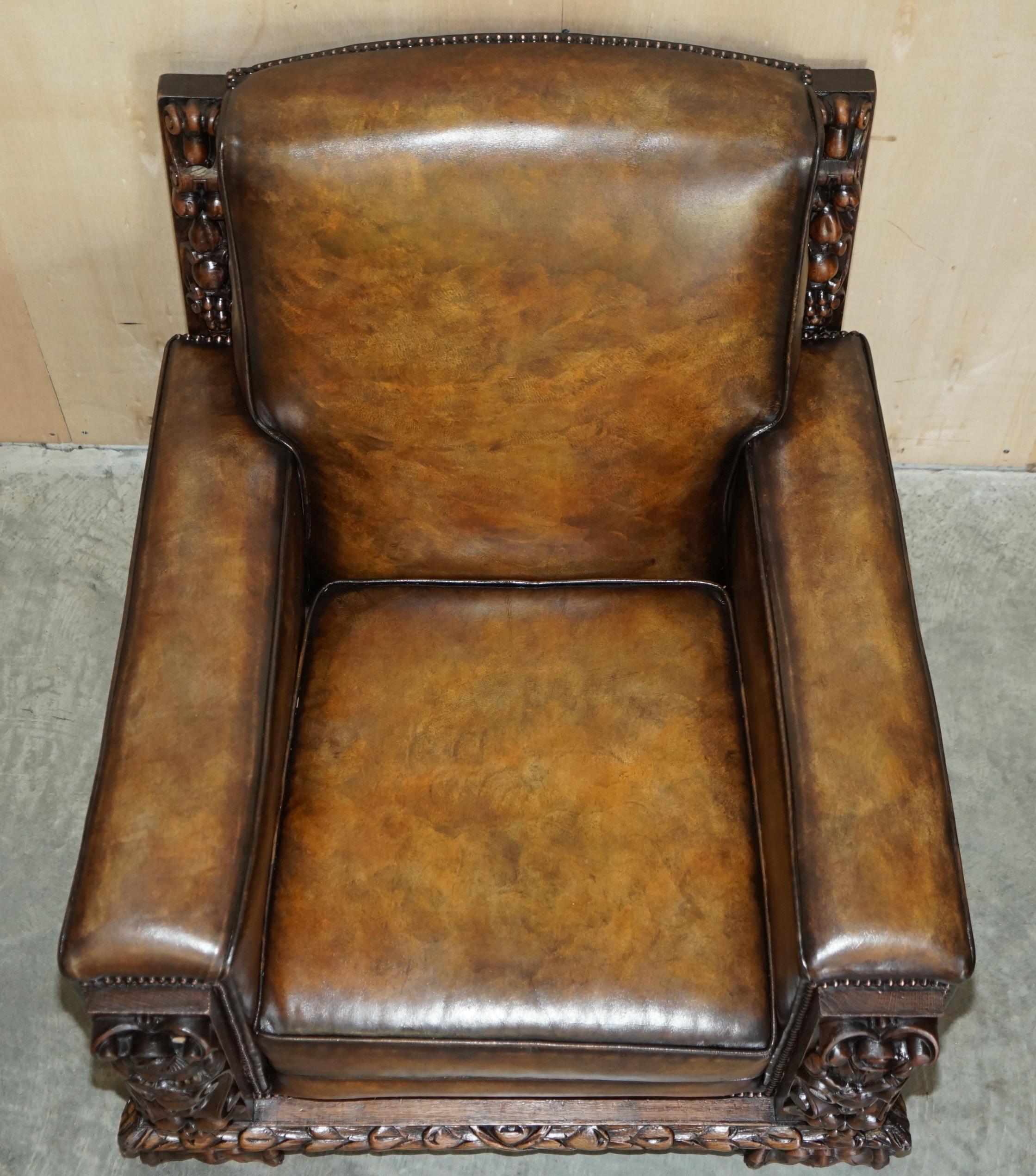 Pair of Fully Restored Antique Club Armchairs with Gothic Carved Panels Must See For Sale 8