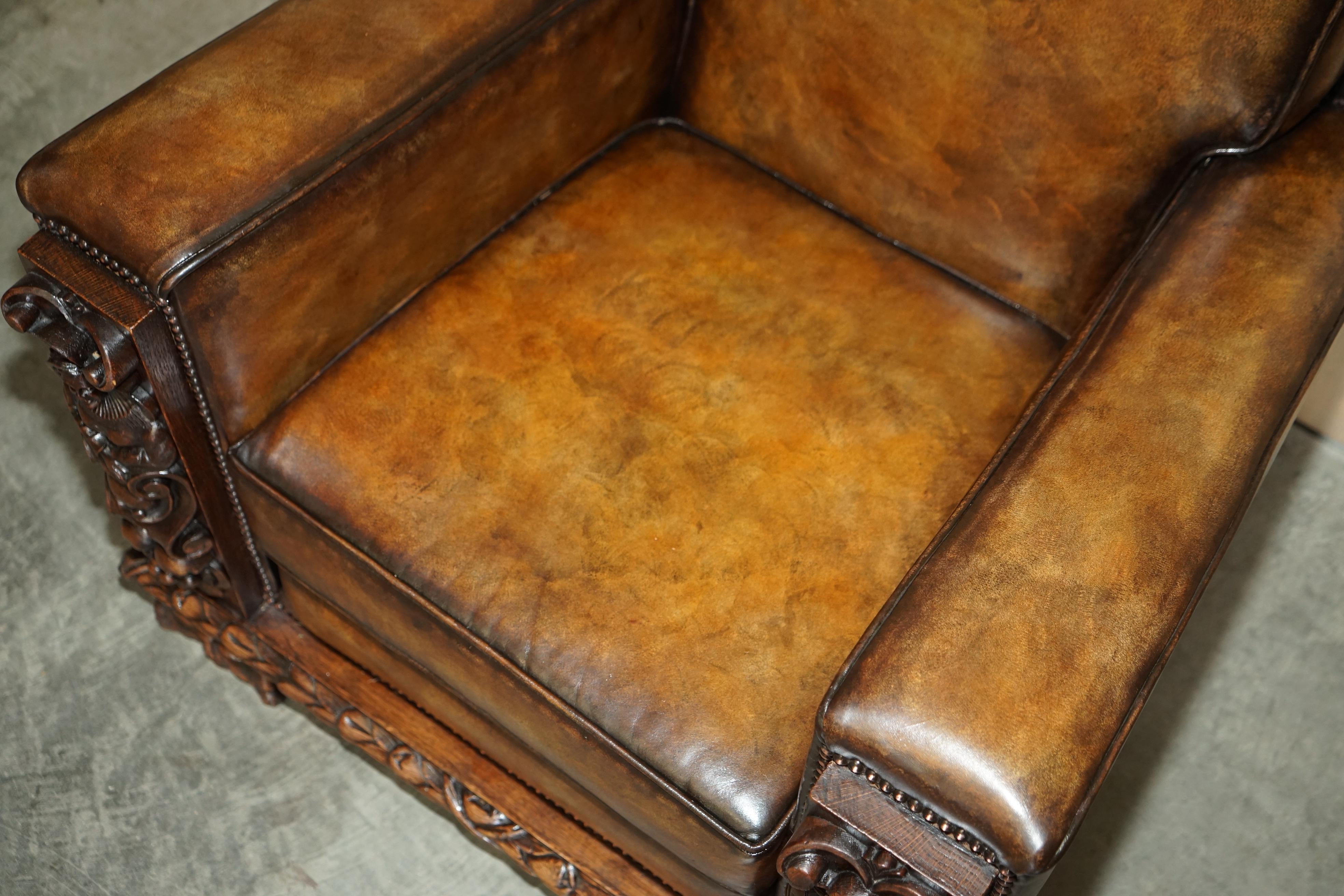 Pair of Fully Restored Antique Club Armchairs with Gothic Carved Panels Must See For Sale 10