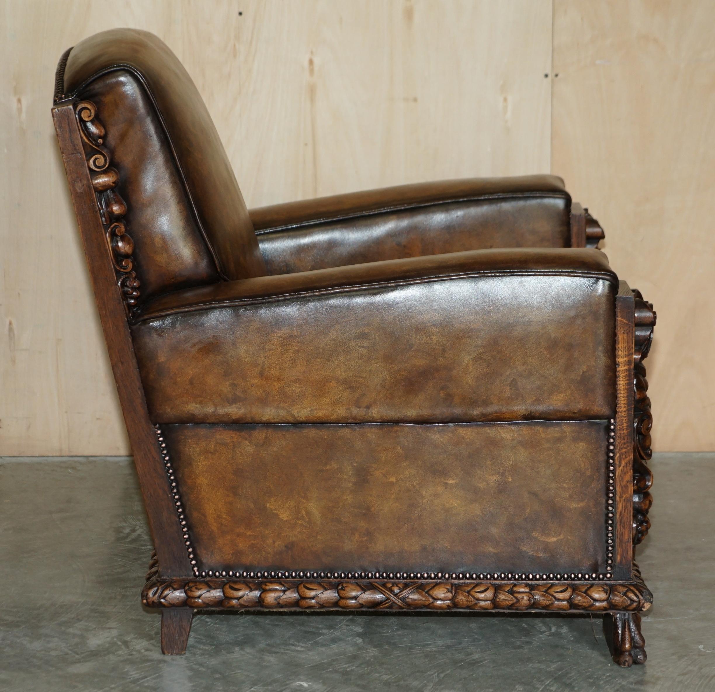 Pair of Fully Restored Antique Club Armchairs with Gothic Carved Panels Must See For Sale 12