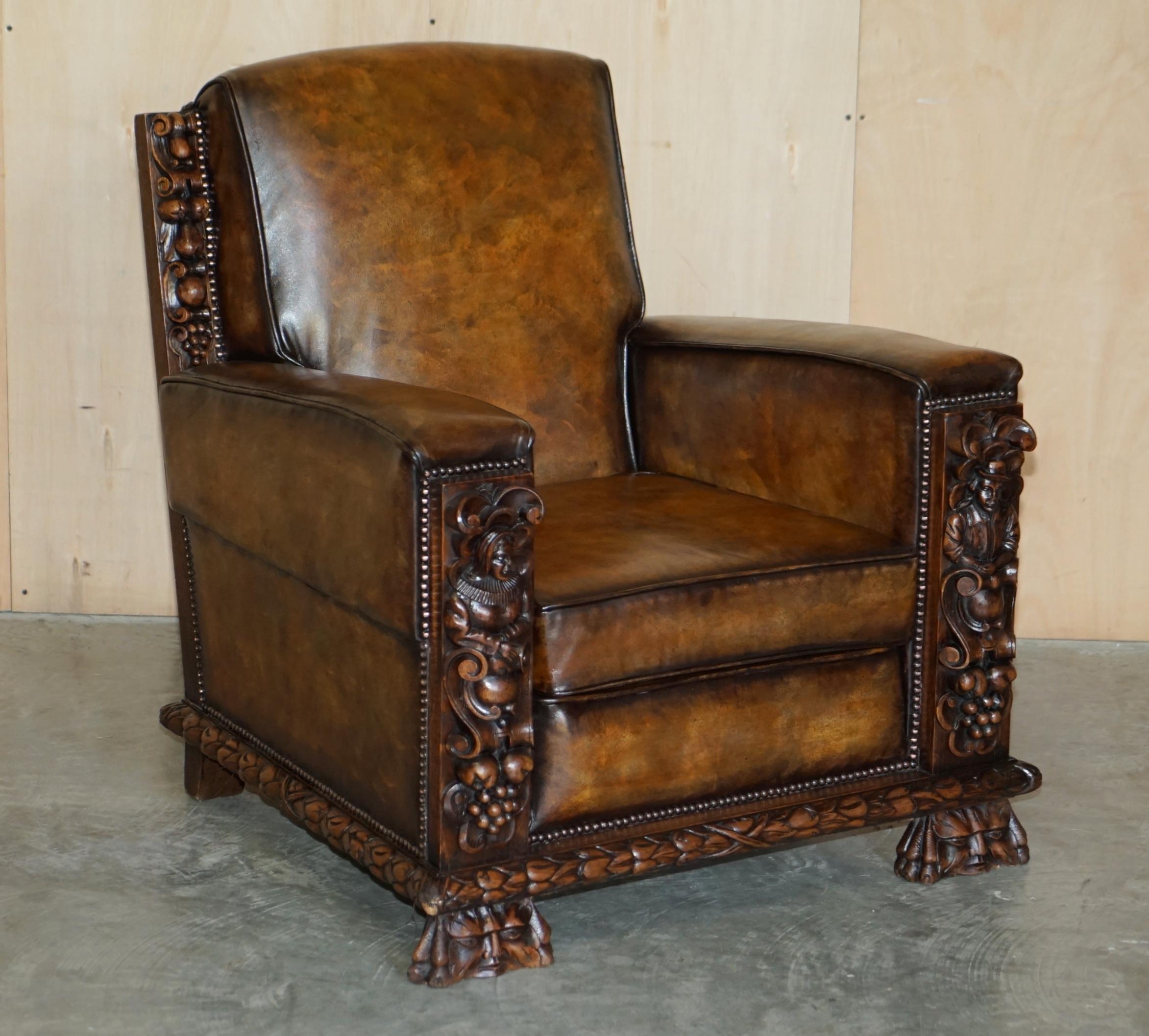 We are delighted to offer for sale this stunning fully restored pair of antique hand dyed Cigar brown leather club armchairs with Gothic carved panels.

An exceptionally good looking well-made and comfortable pair of armchairs, I have four of