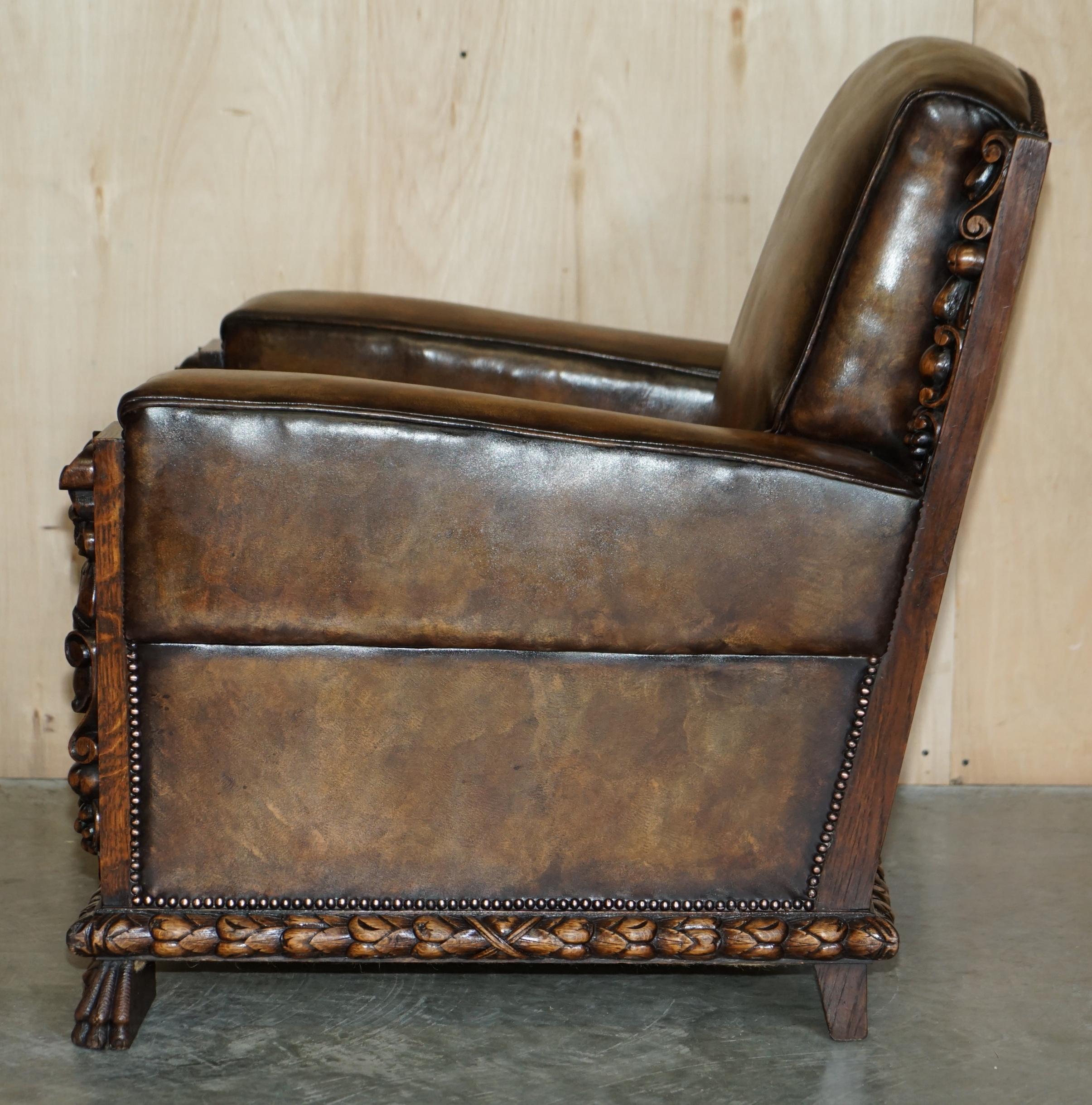 Pair of Fully Restored Antique Club Armchairs with Gothic Carved Panels Must See For Sale 14