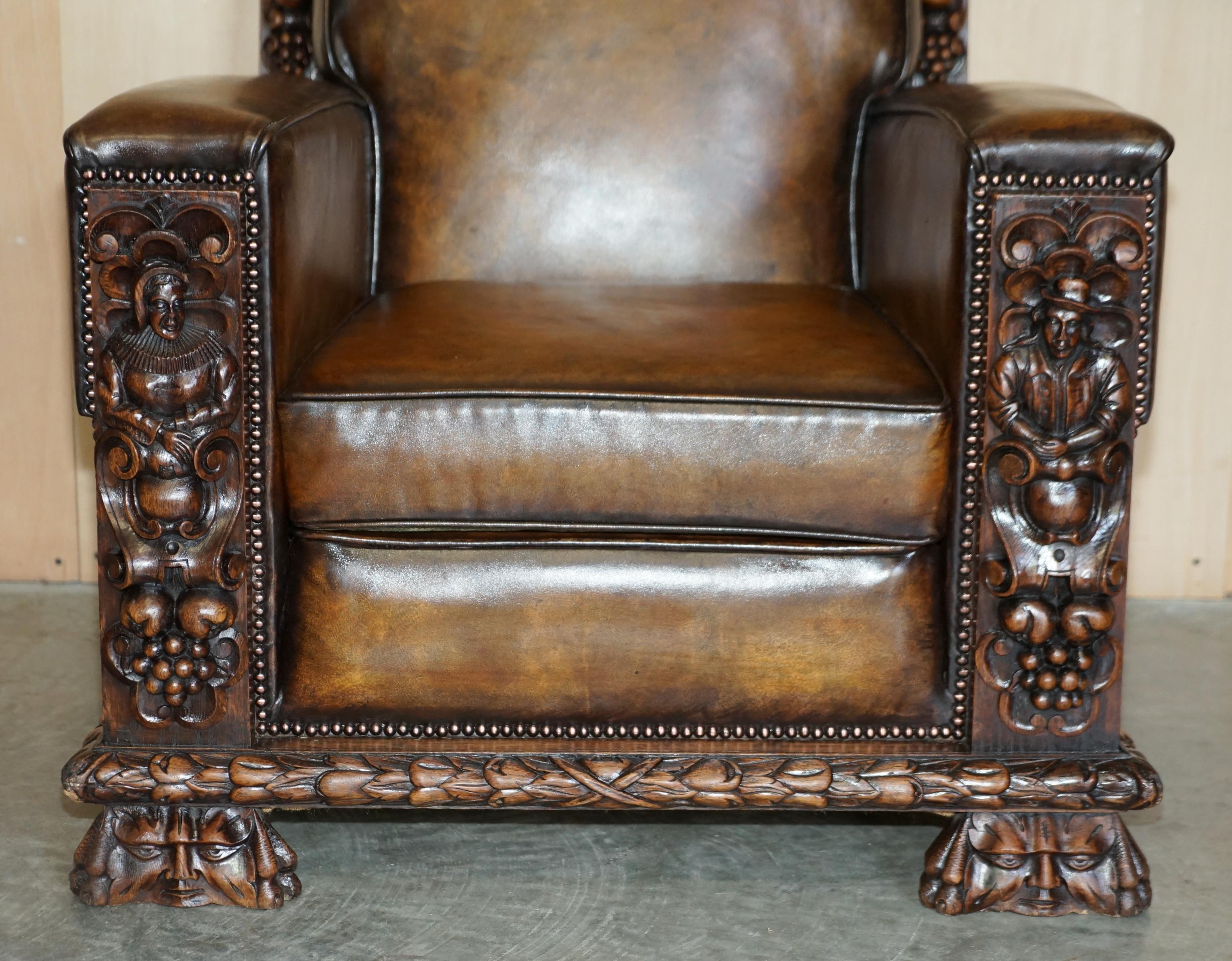 Early 20th Century Pair of Fully Restored Antique Club Armchairs with Gothic Carved Panels Must See For Sale