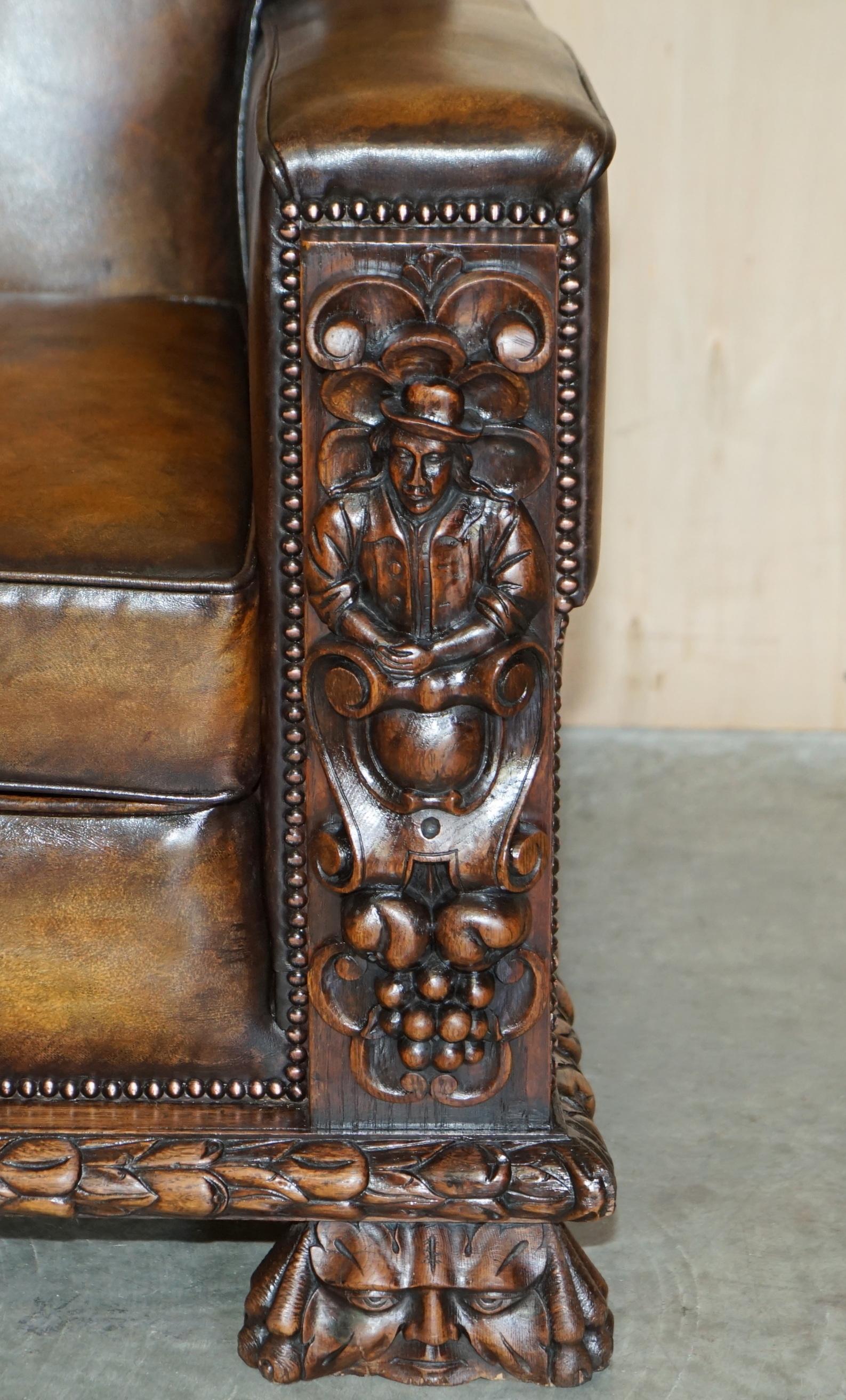 Pair of Fully Restored Antique Club Armchairs with Gothic Carved Panels Must See For Sale 3